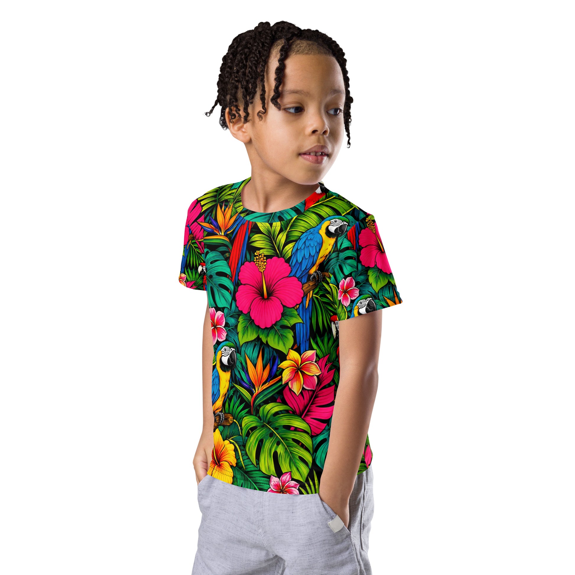 Kids crew neck t-shirt -Vibrant Tropical Parrot Kids All-Over Print Tee – Colorful Macaw Jungle Youth Crew Neck T-Shirt by printfluence.net