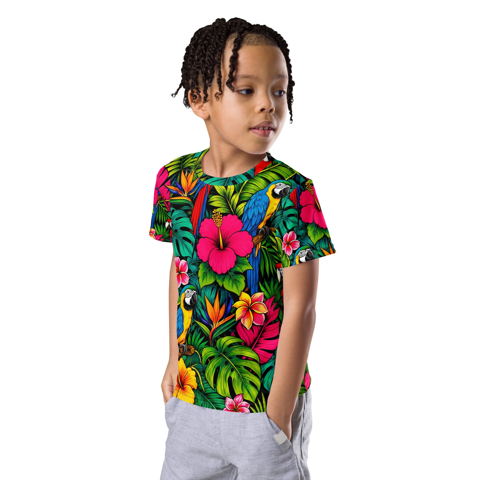 Kids crew neck t-shirt -Vibrant Tropical Parrot Kids All-Over Print Tee – Colorful Macaw Jungle Youth Crew Neck T-Shirt by printfluence.net