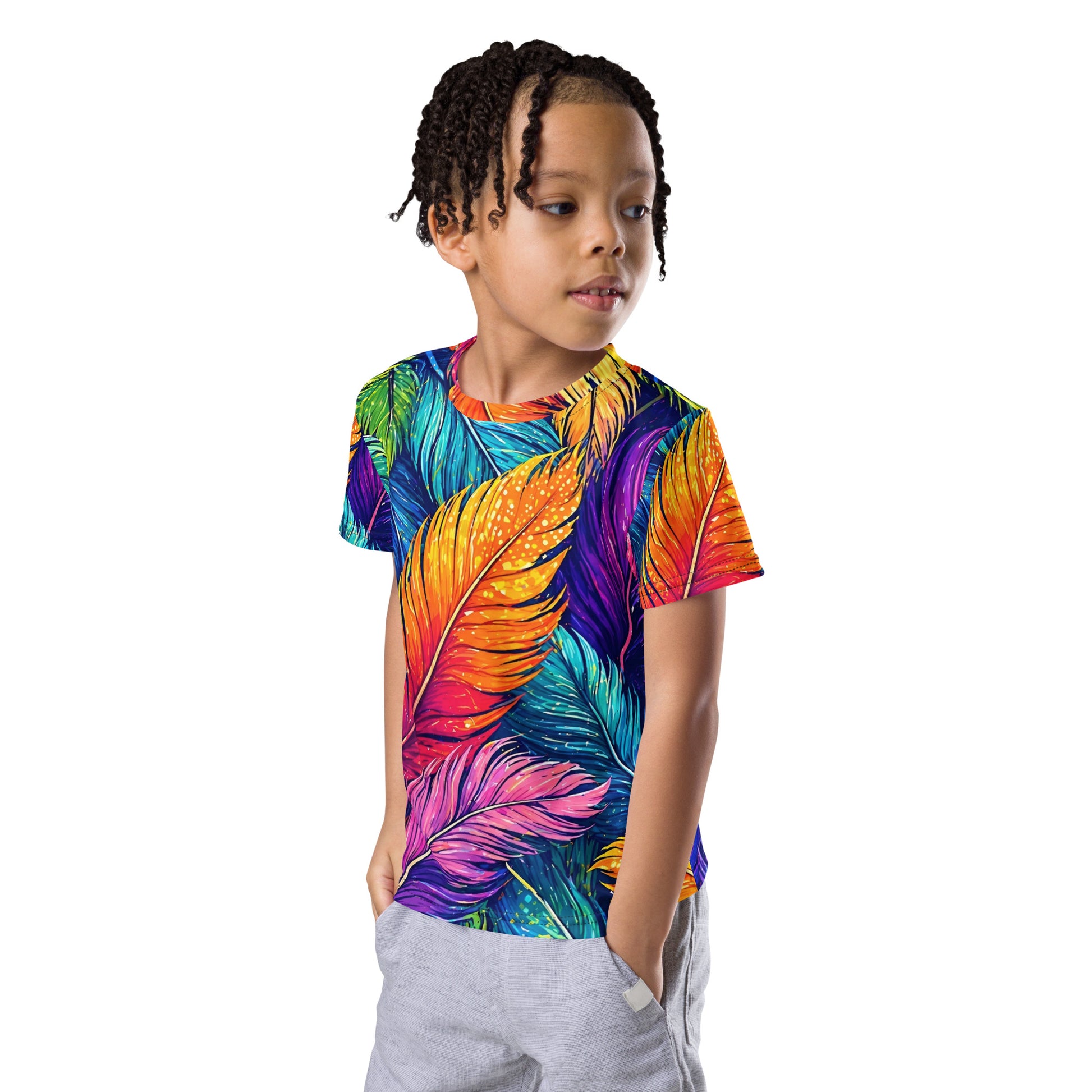 Kids crew neck t-shirt - Vibrant Colorful Feathers Kids All-Over Print Tee – Rainbow Magic Jungle Youth Crew Neck T-Shirt by printfluence.net