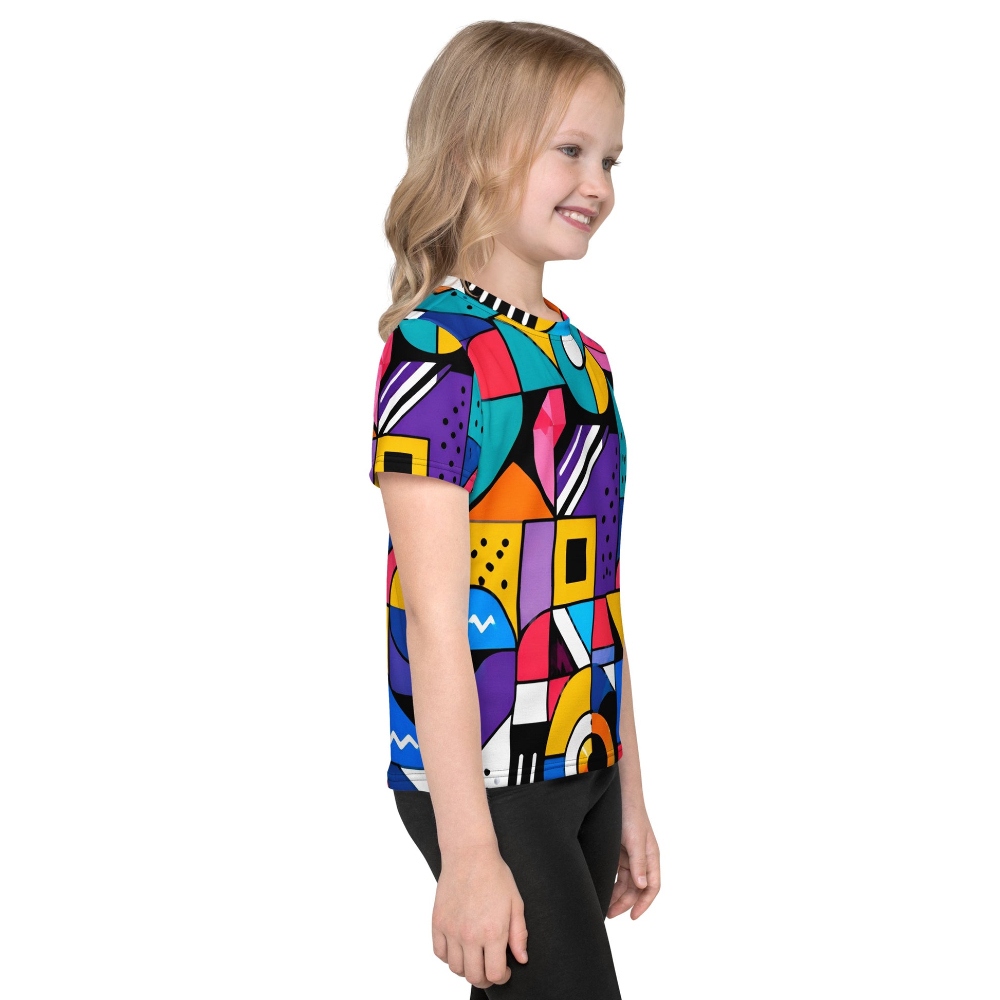Kids crew neck t-shirt - Modern Geometric Pop Art Kids All-Over Print Tee – Vibrant Abstract Shapes Youth Crew Neck T-Shirt by printfluence.net