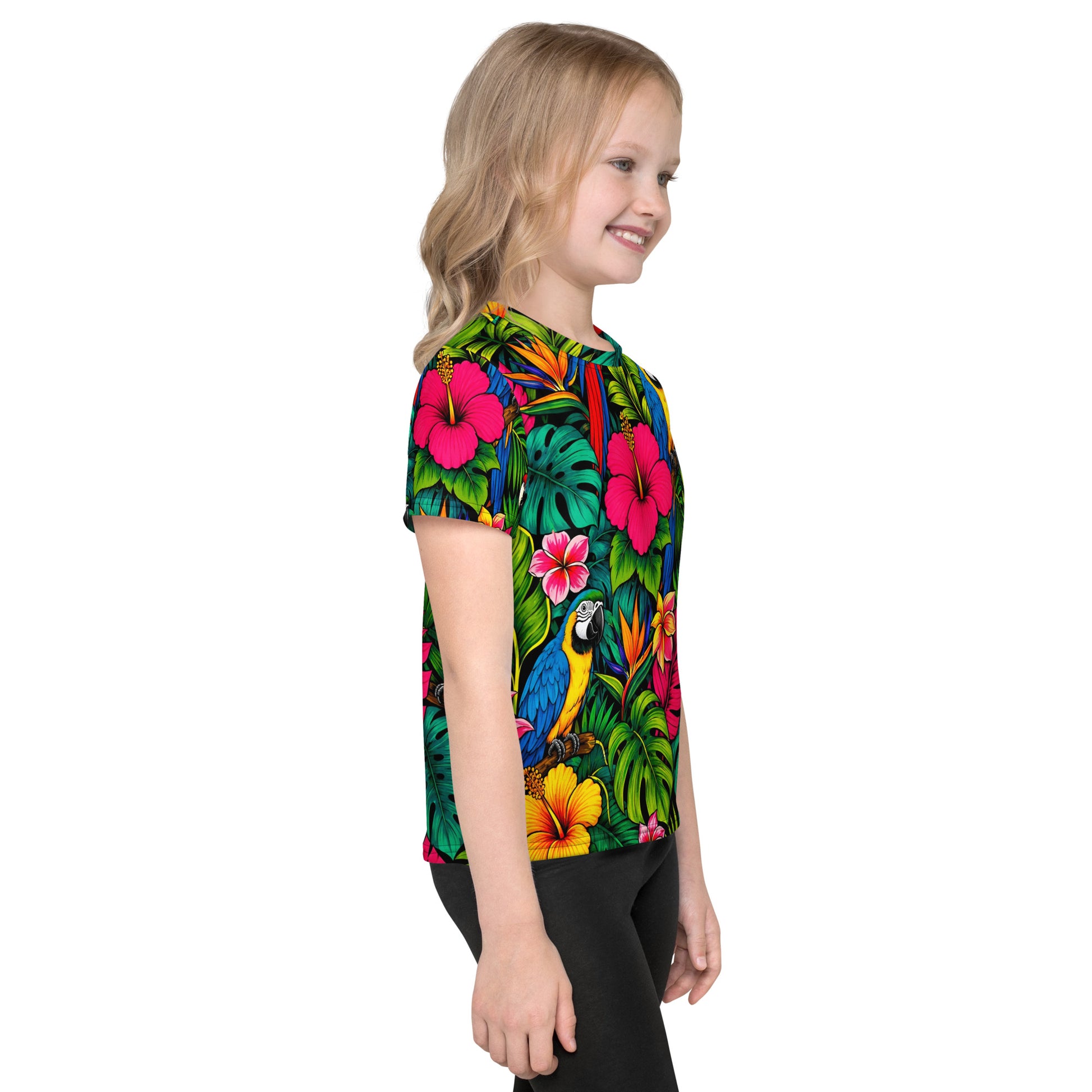 Kids crew neck t-shirt -Vibrant Tropical Parrot Kids All-Over Print Tee – Colorful Macaw Jungle Youth Crew Neck T-Shirt by printfluence.net