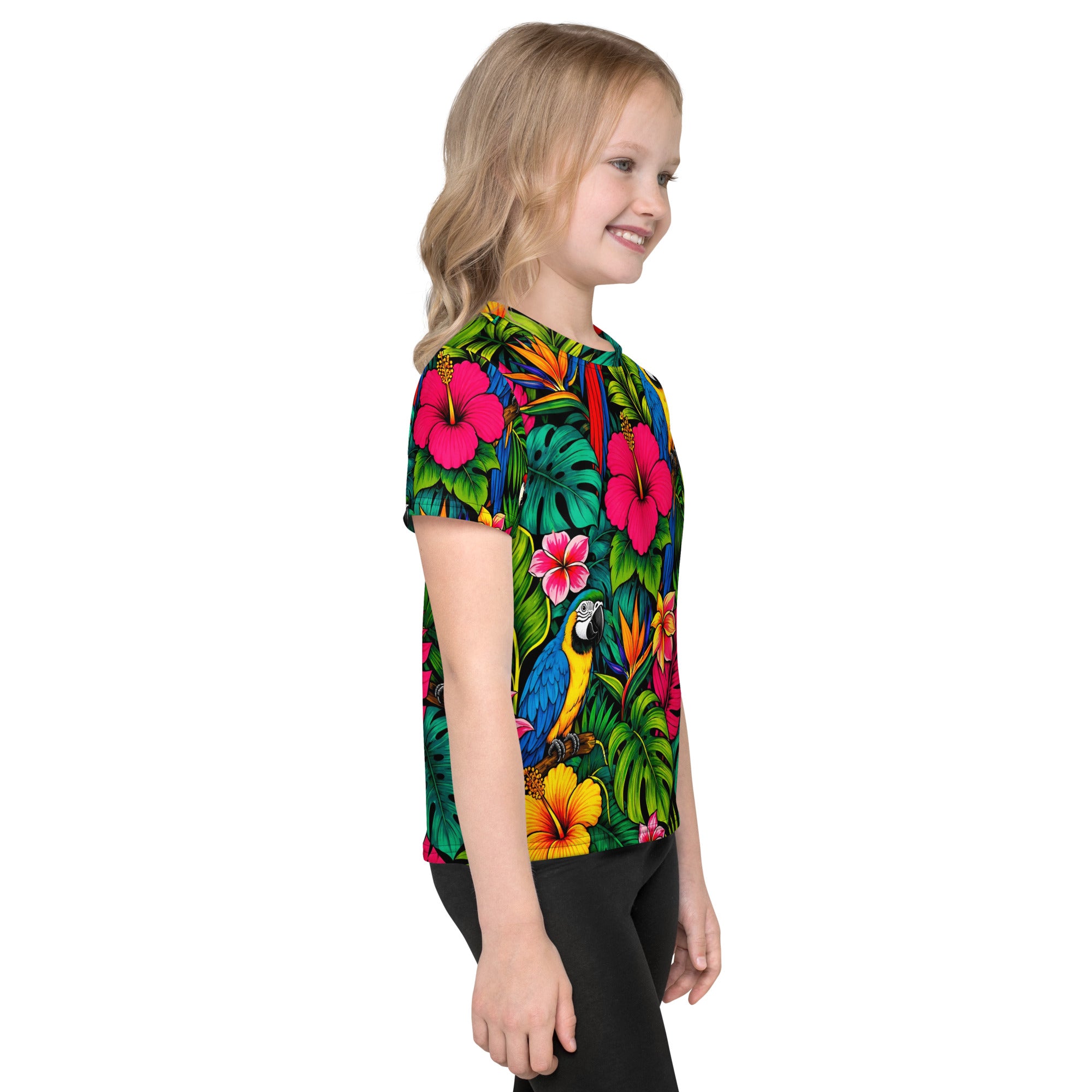 Kids crew neck t-shirt -Vibrant Tropical Parrot Kids All-Over Print Tee – Colorful Macaw Jungle Youth Crew Neck T-Shirt by printfluence.net
