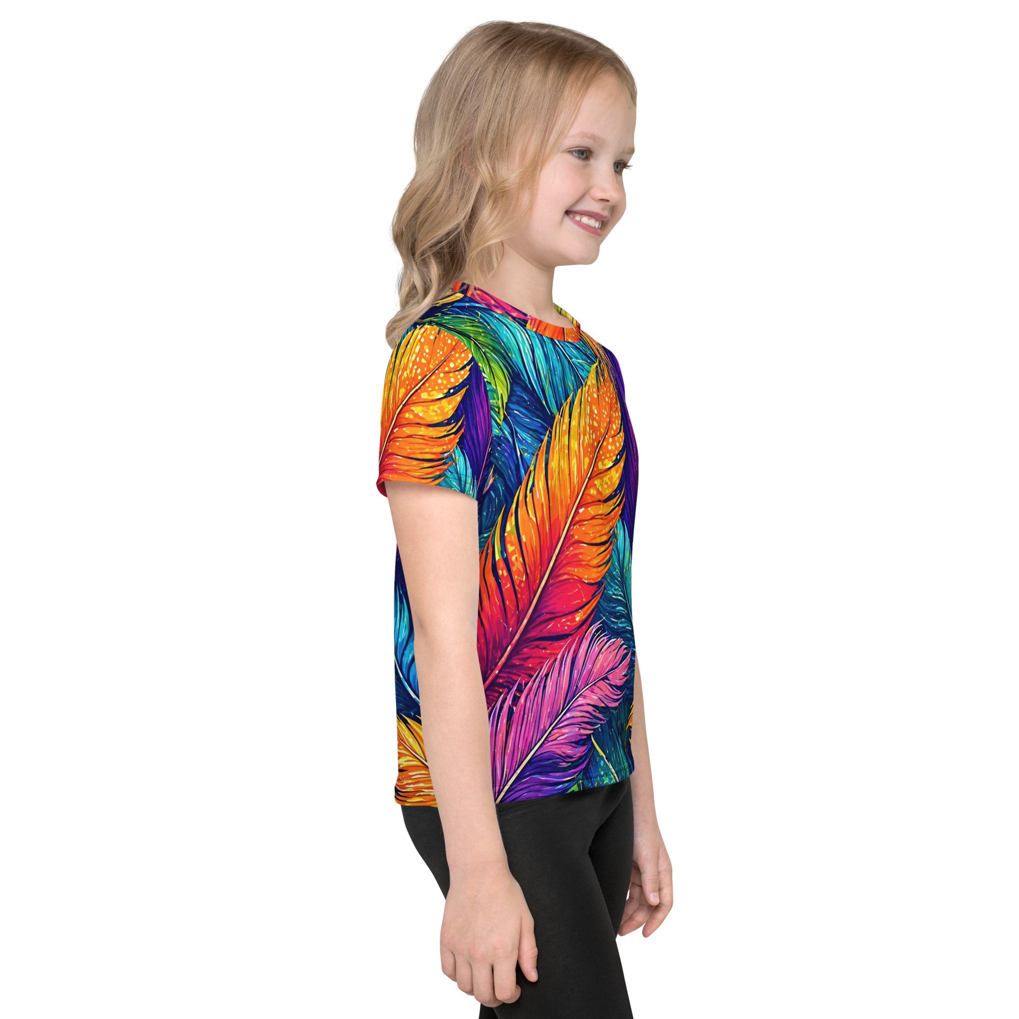 Kids crew neck t-shirt - Vibrant Colorful Feathers Kids All-Over Print Tee – Rainbow Magic Jungle Youth Crew Neck T-Shirt by printfluence.net