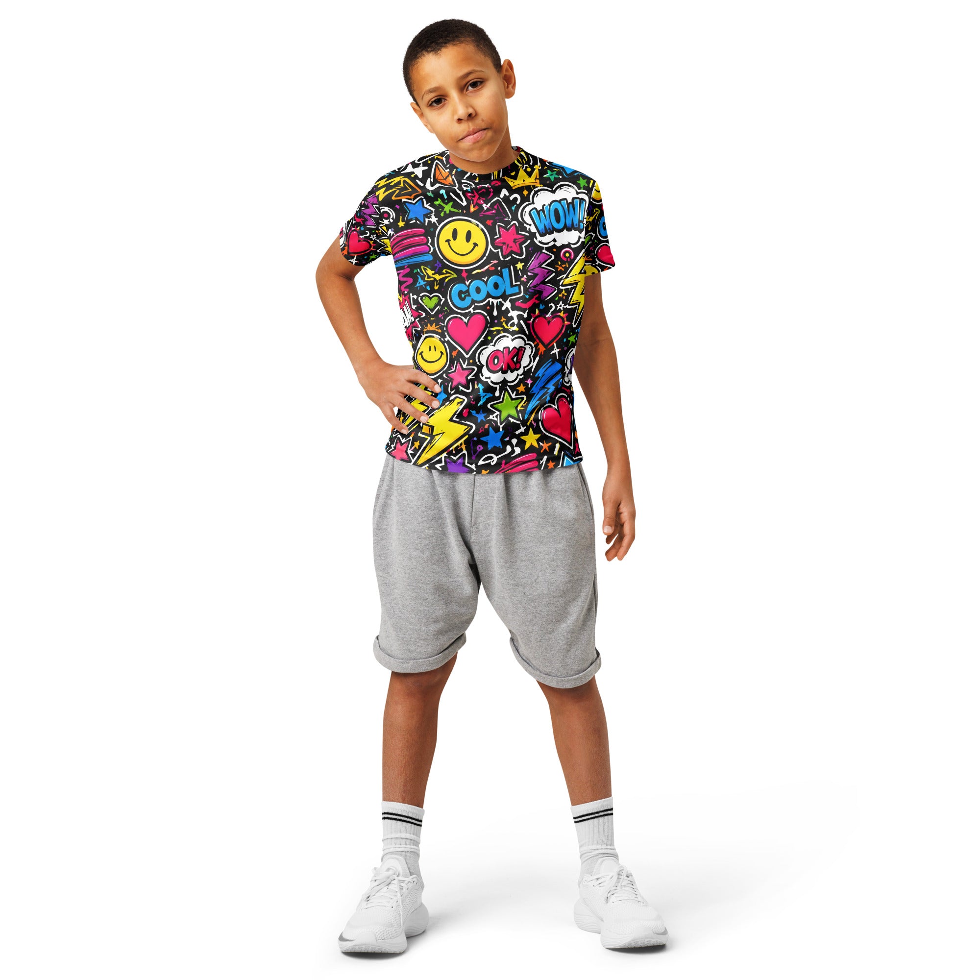 Kids Sports Jersey - Cool Graffiti Pop Art Kids Sports Jersey – Vibrant All-Over Print Smiley Faces Youth Activewear by printfluence.net