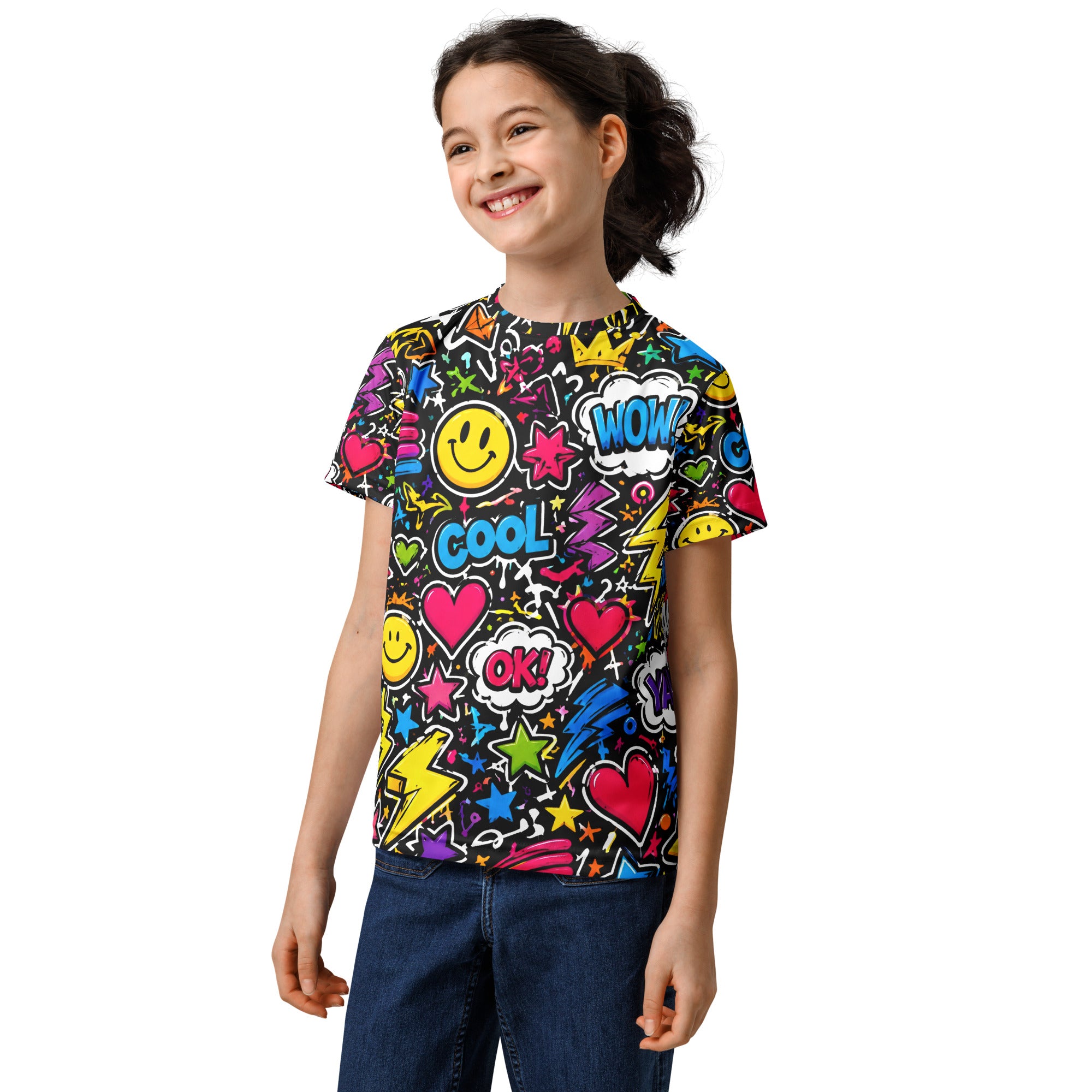 Kids Sports Jersey - Cool Graffiti Pop Art Kids Sports Jersey – Vibrant All-Over Print Smiley Faces Youth Activewear by printfluence.net