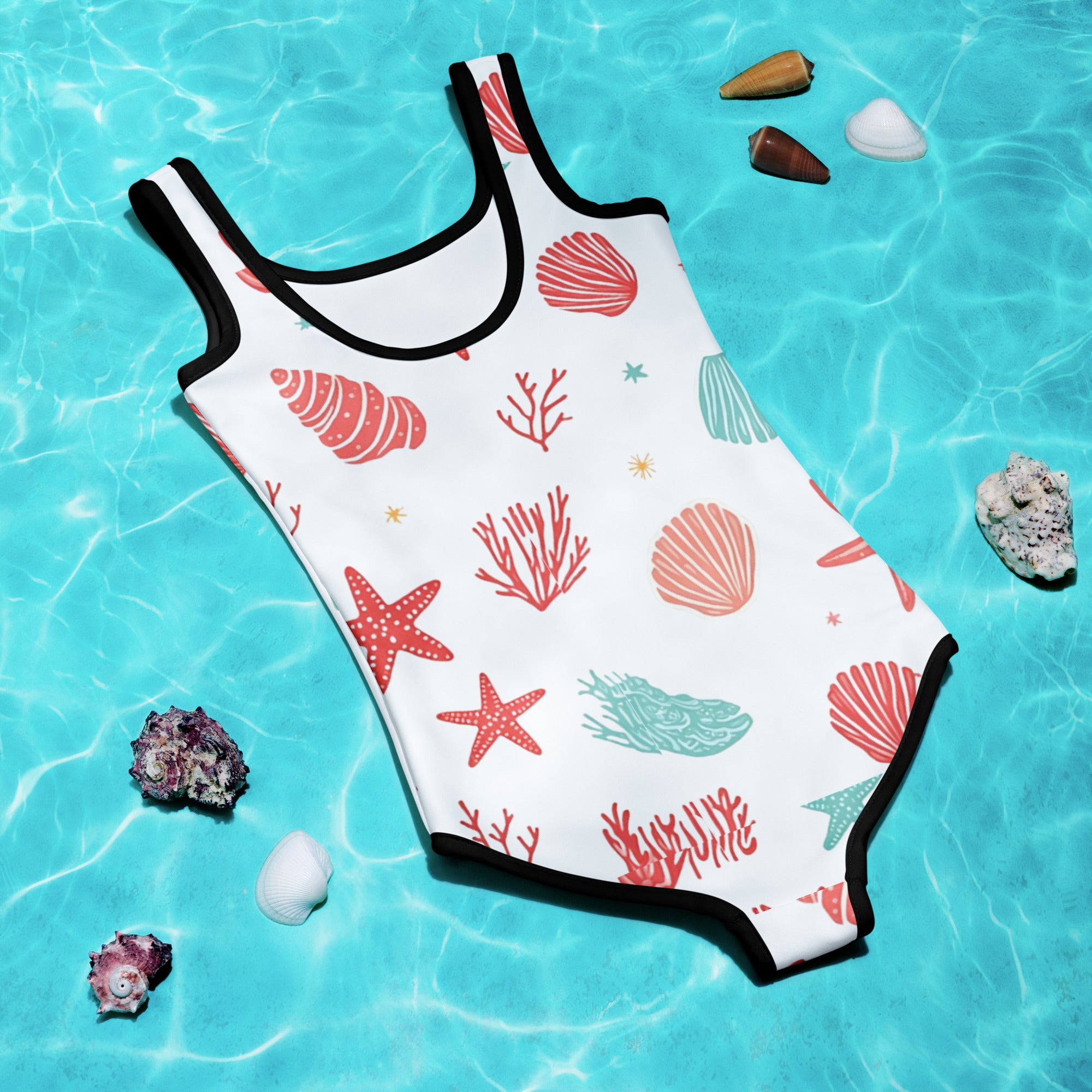 All-Over Print Kids Swimsuit - Coastal Starfish Kids Swimsuit – Cute Seashell All-Over Print Swimwear by printfluence.net