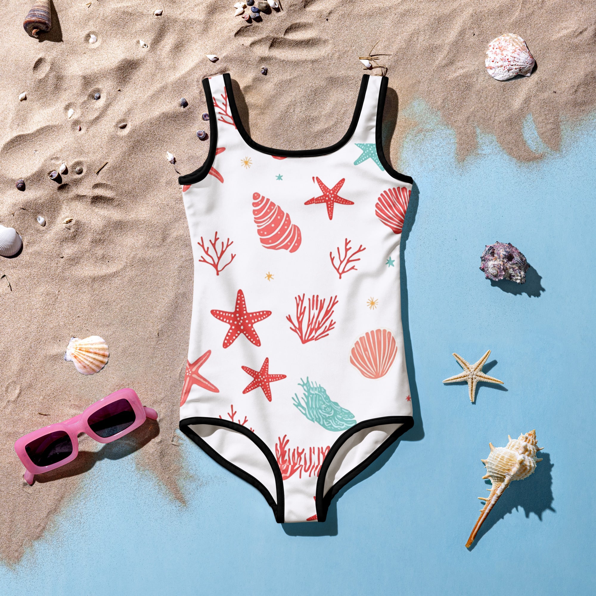 All-Over Print Kids Swimsuit - Coastal Starfish Kids Swimsuit – Cute Seashell All-Over Print Swimwear by printfluence.net