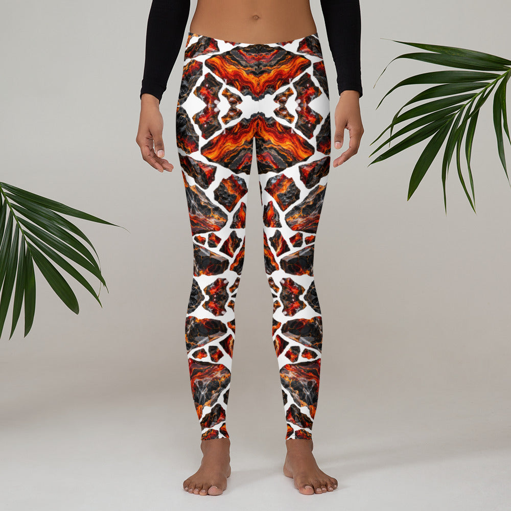 Heritage Bloom Lovers | All-Over Print Leggings — Fiery Volcanic Magma and Obsidian Rock Mineral Pattern by printfluence
