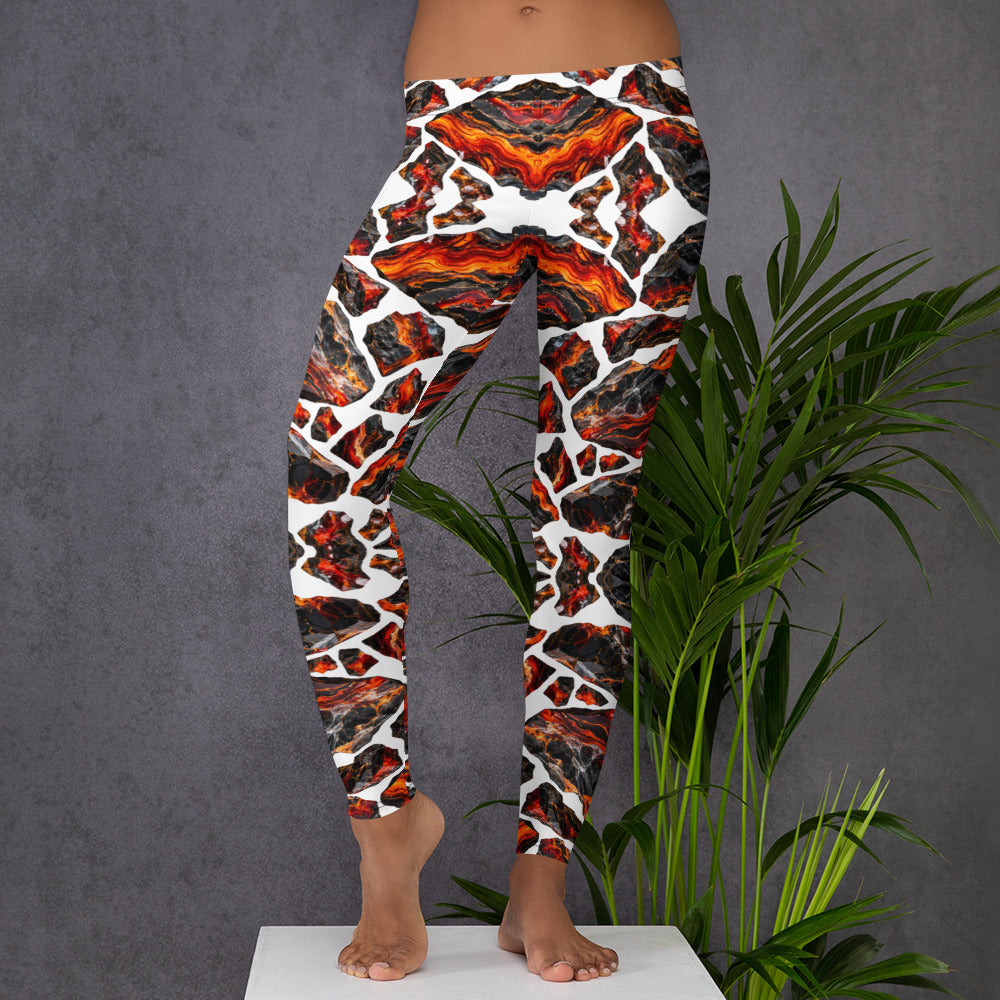 Heritage Bloom Lovers | All-Over Print Leggings — Fiery Volcanic Magma and Obsidian Rock Mineral Pattern by printfluence