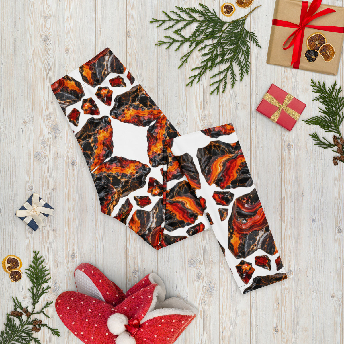 Heritage Bloom Lovers | All-Over Print Leggings — Fiery Volcanic Magma and Obsidian Rock Mineral Pattern by printfluence
