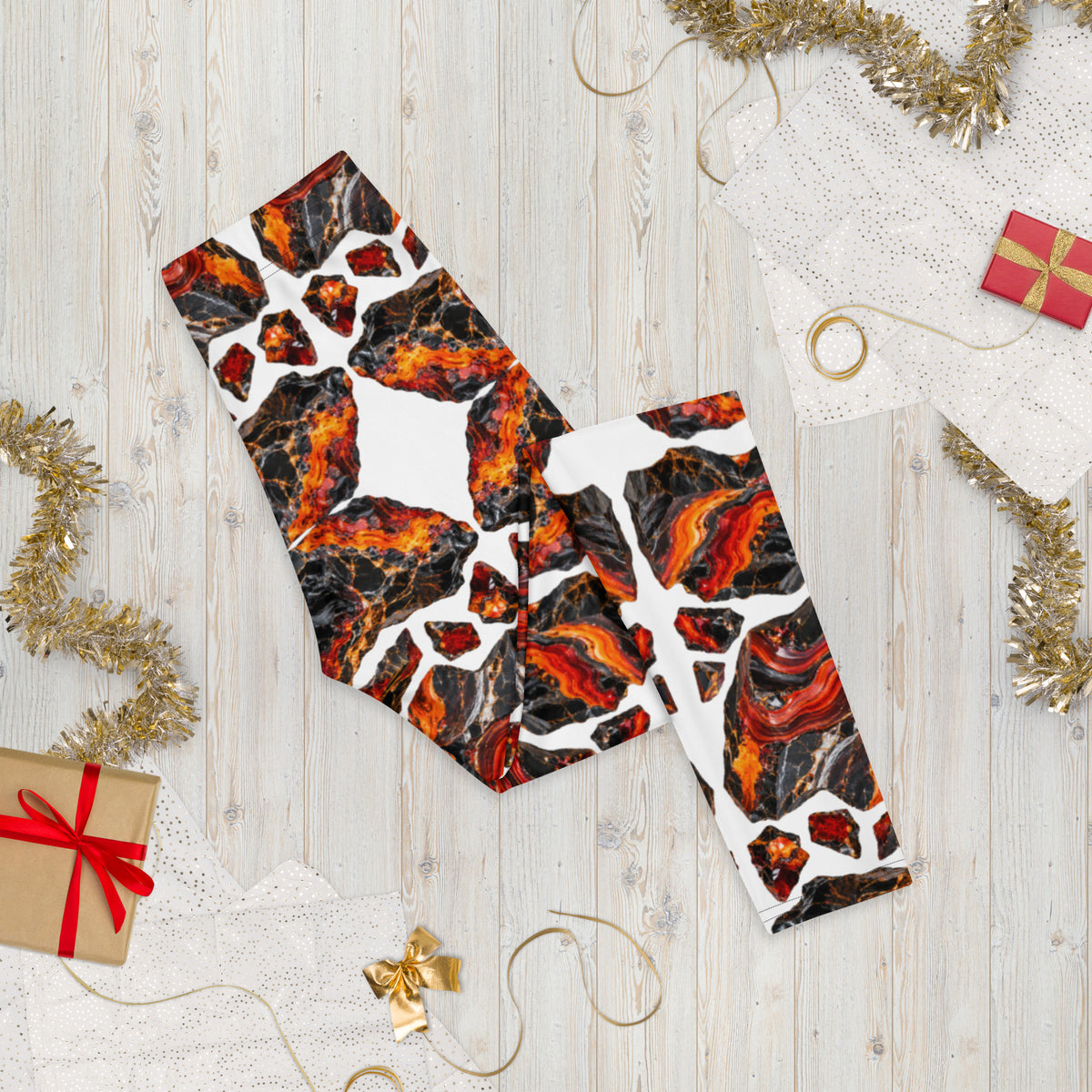 Heritage Bloom Lovers | All-Over Print Leggings — Fiery Volcanic Magma and Obsidian Rock Mineral Pattern by printfluence