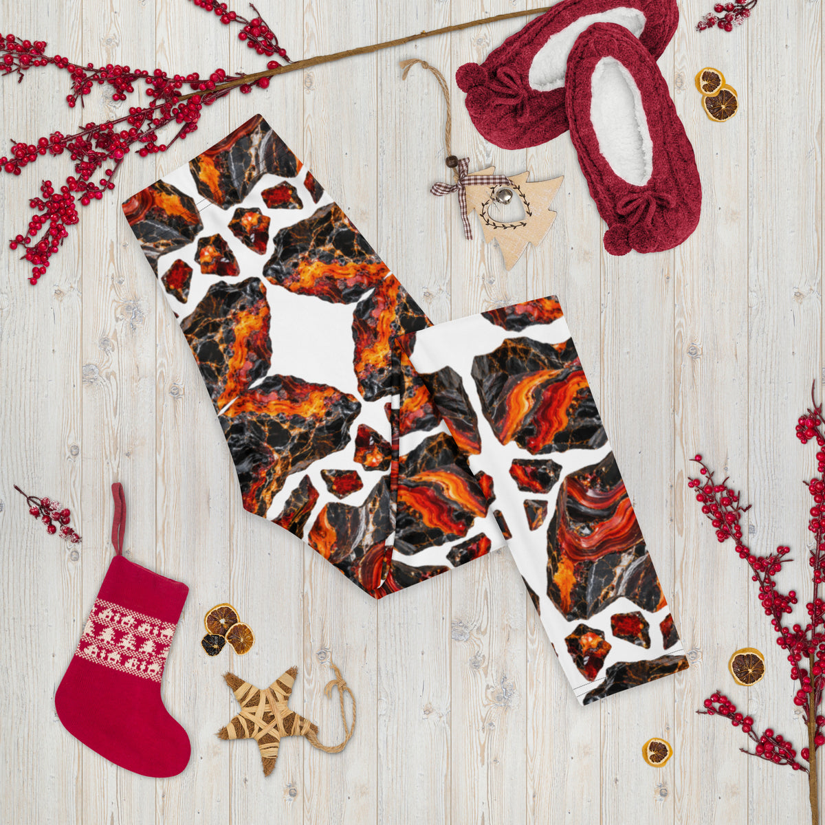 Heritage Bloom Lovers | All-Over Print Leggings — Fiery Volcanic Magma and Obsidian Rock Mineral Pattern by printfluence