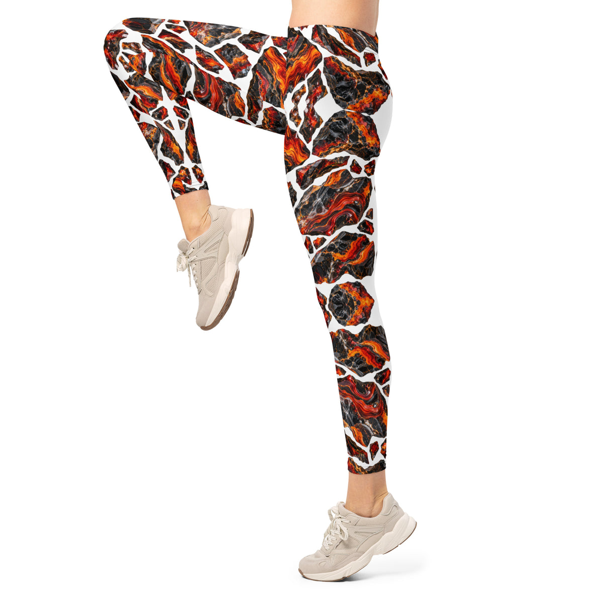 Heritage Bloom Lovers | All-Over Print Leggings — Fiery Volcanic Magma and Obsidian Rock Mineral Pattern by printfluence