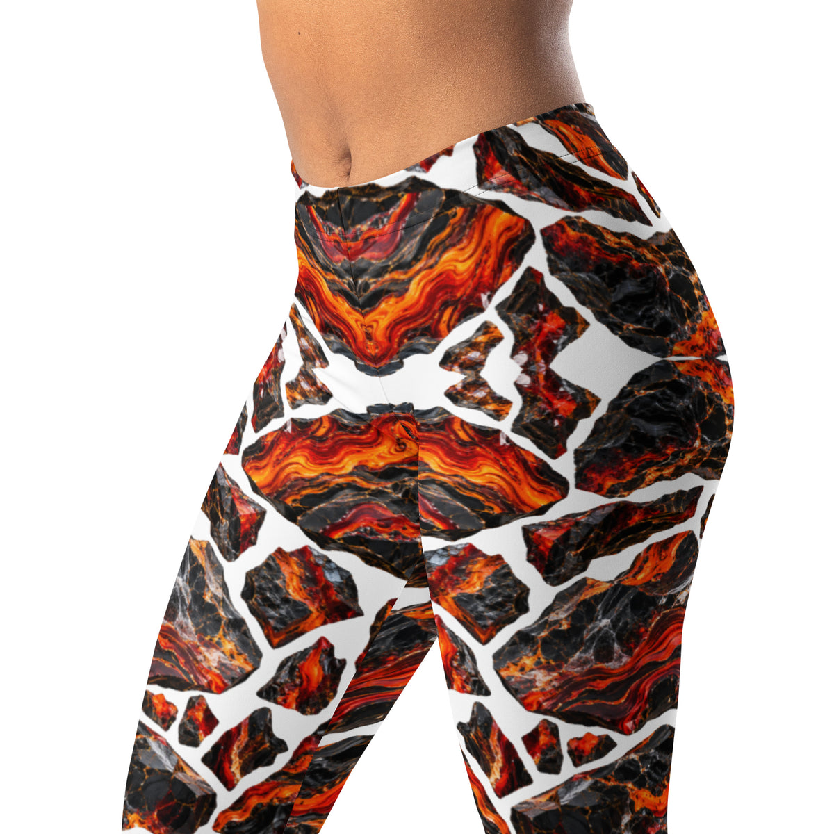 Heritage Bloom Lovers | All-Over Print Leggings — Fiery Volcanic Magma and Obsidian Rock Mineral Pattern by printfluence