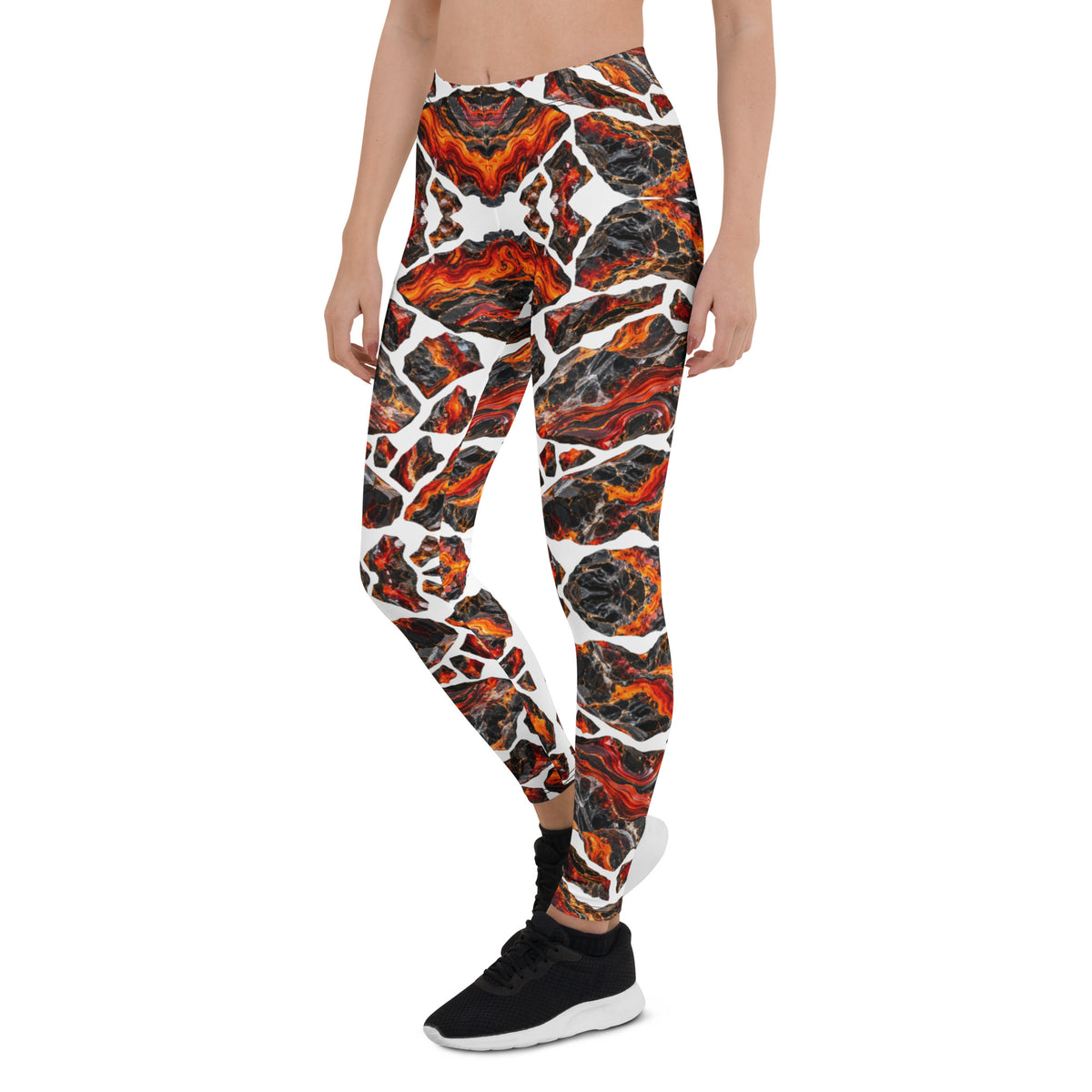Heritage Bloom Lovers | All-Over Print Leggings — Fiery Volcanic Magma and Obsidian Rock Mineral Pattern by printfluence