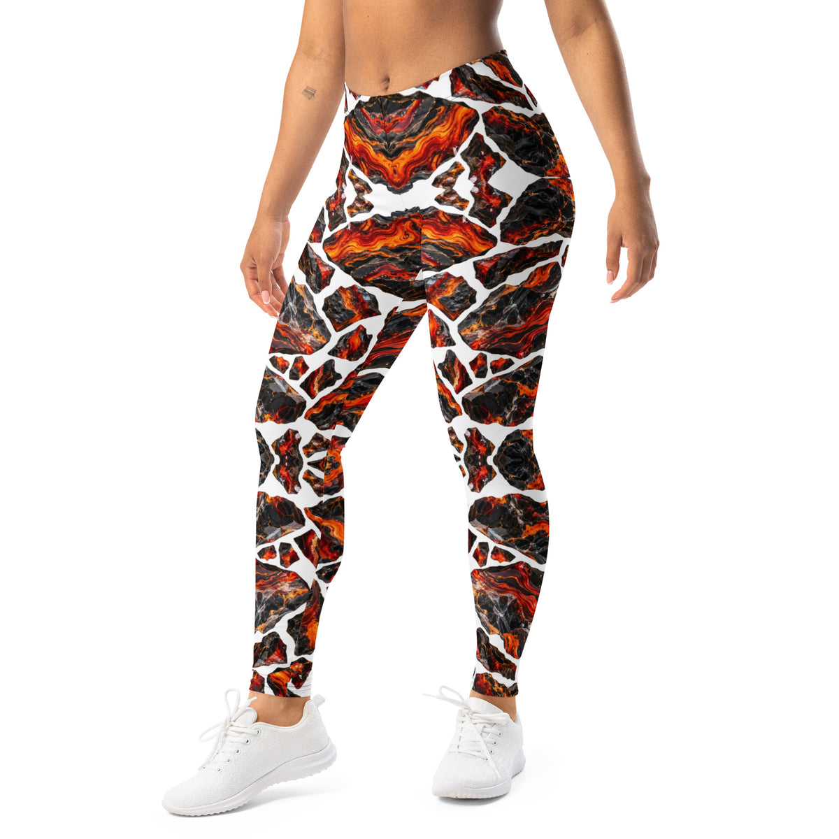 Heritage Bloom Lovers | All-Over Print Leggings — Fiery Volcanic Magma and Obsidian Rock Mineral Pattern by printfluence