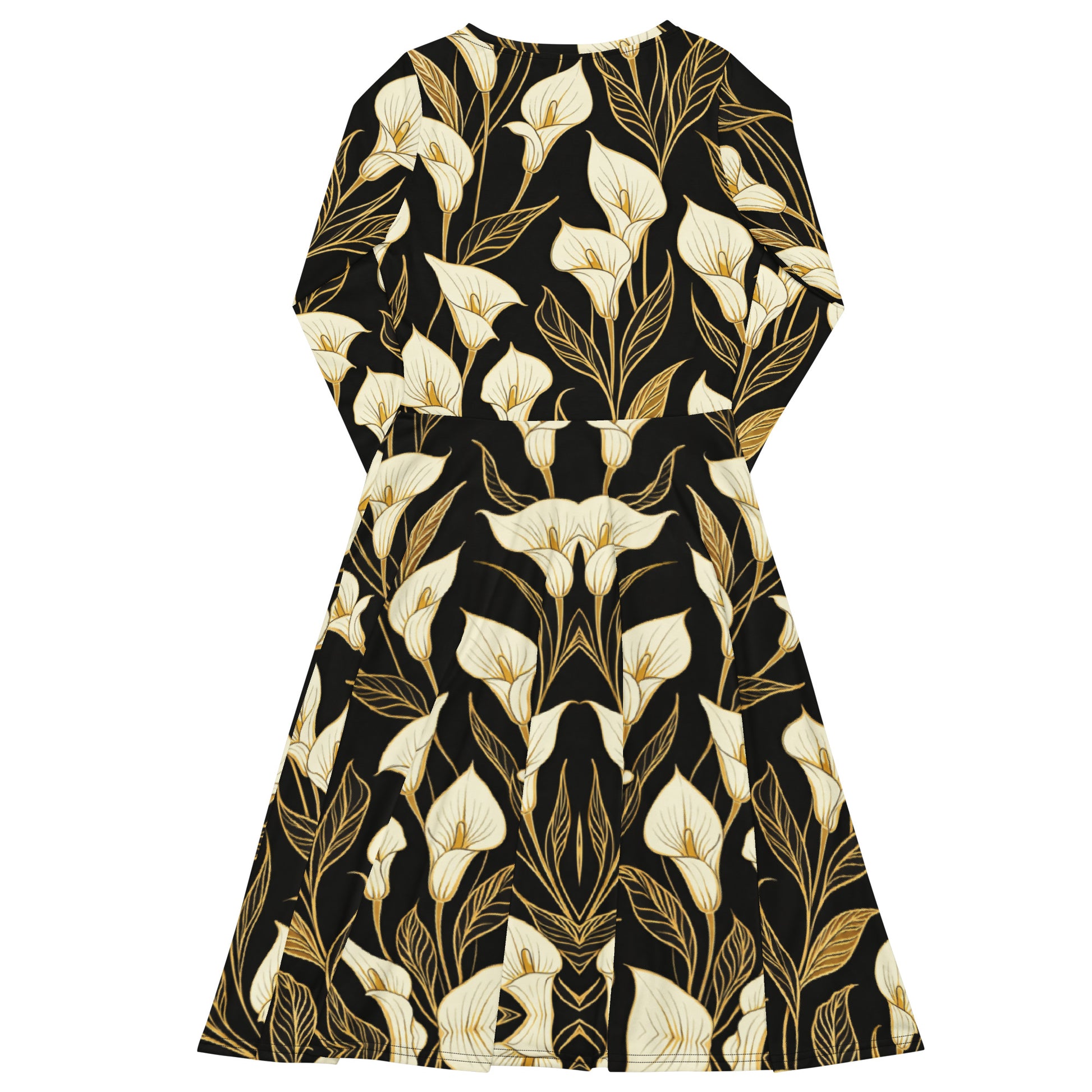 All-over print long sleeve midi dress - Golden Calla Lily Midi Dress – All-Over Black Floral Long Sleeve by printfluence.net