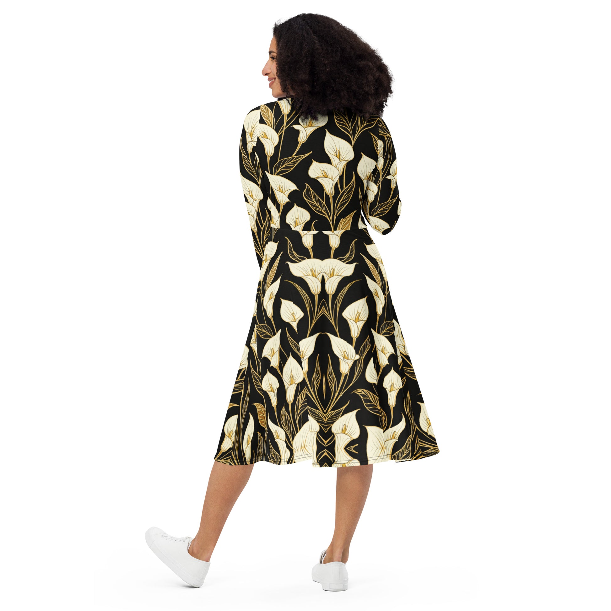 All-over print long sleeve midi dress - Golden Calla Lily Midi Dress – All-Over Black Floral Long Sleeve by printfluence.net