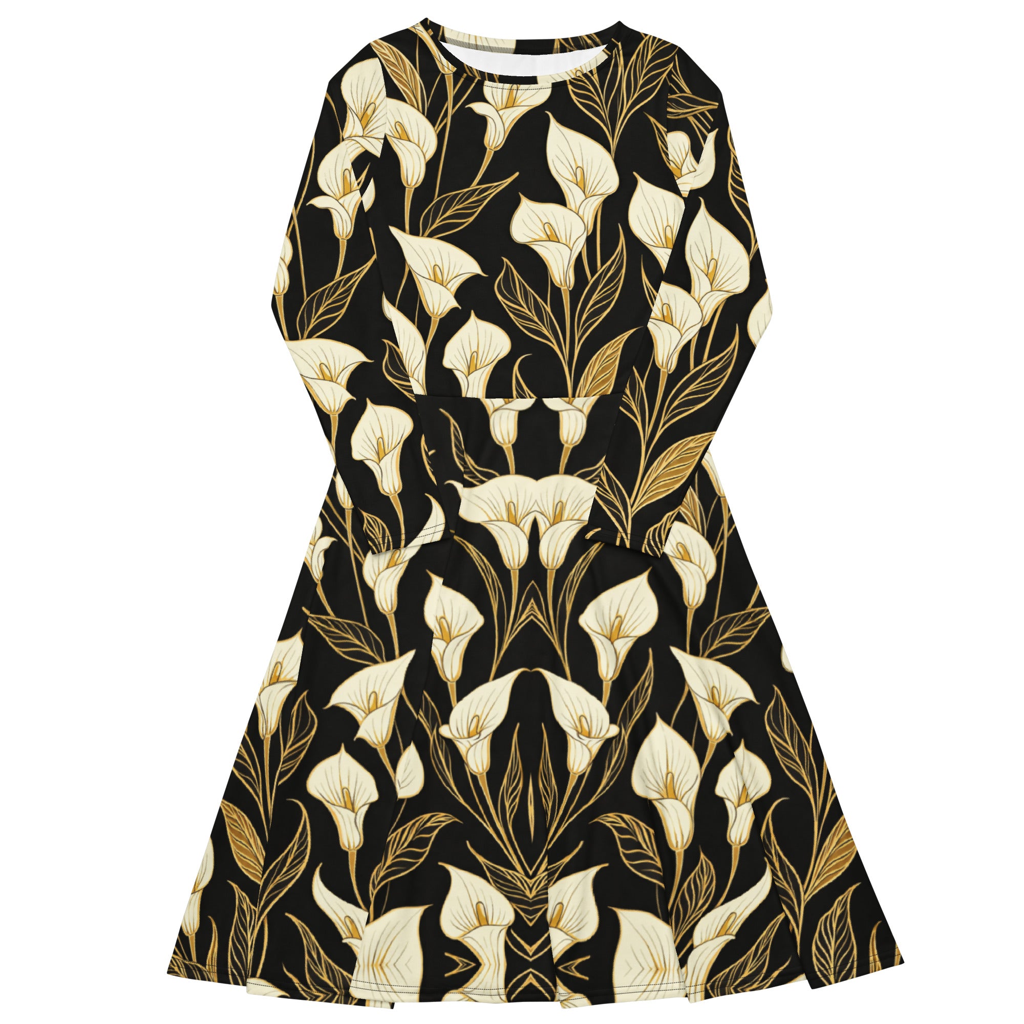 All-over print long sleeve midi dress - Golden Calla Lily Midi Dress – All-Over Black Floral Long Sleeve by printfluence.net