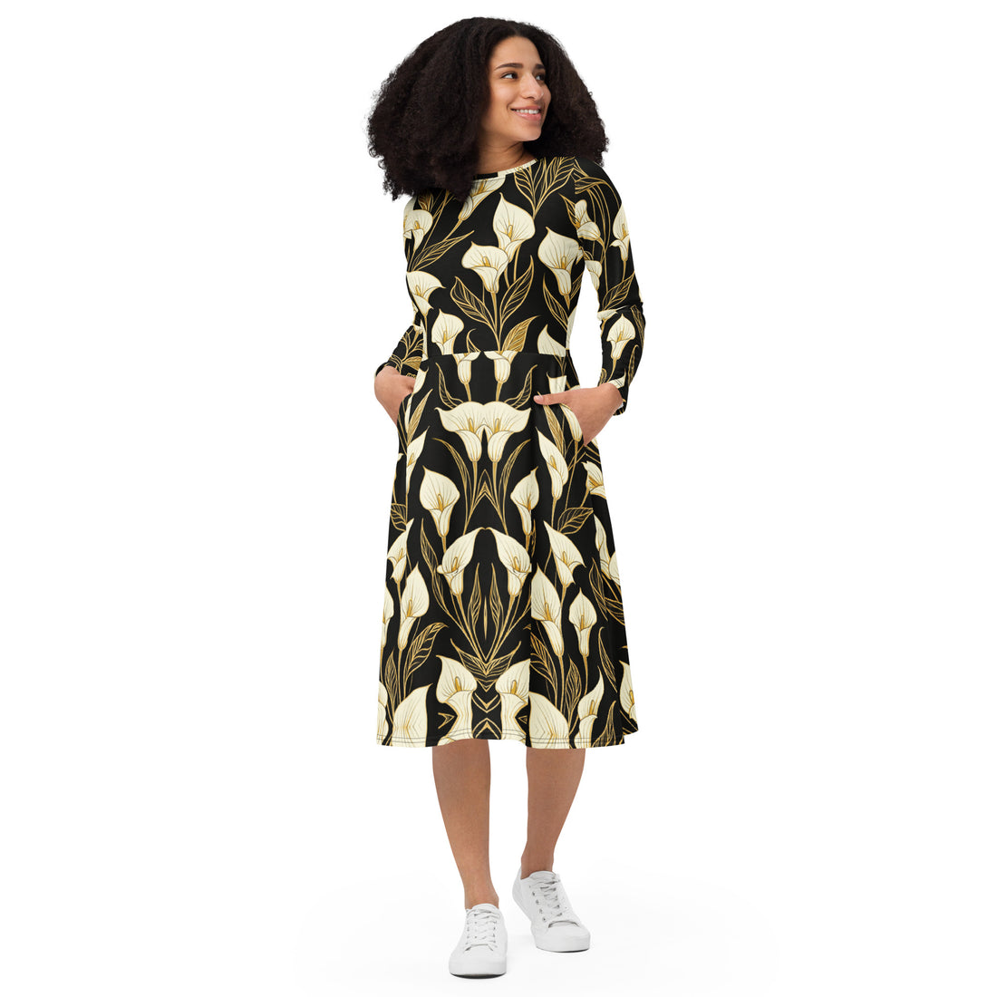 All-over print long sleeve midi dress - Golden Calla Lily Midi Dress – All-Over Black Floral Long Sleeve by printfluence.net