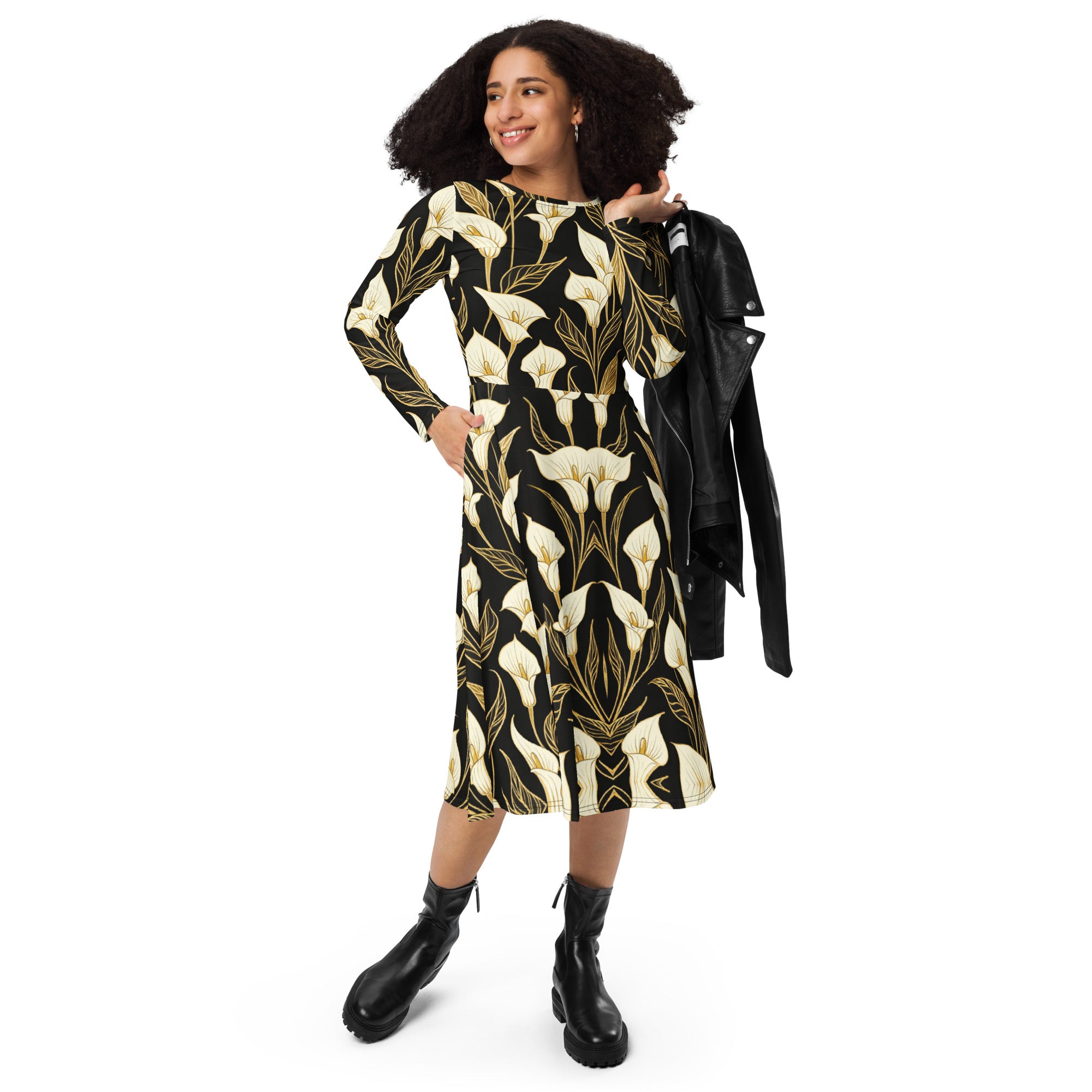 All-over print long sleeve midi dress - Golden Calla Lily Midi Dress – All-Over Black Floral Long Sleeve by printfluence.net