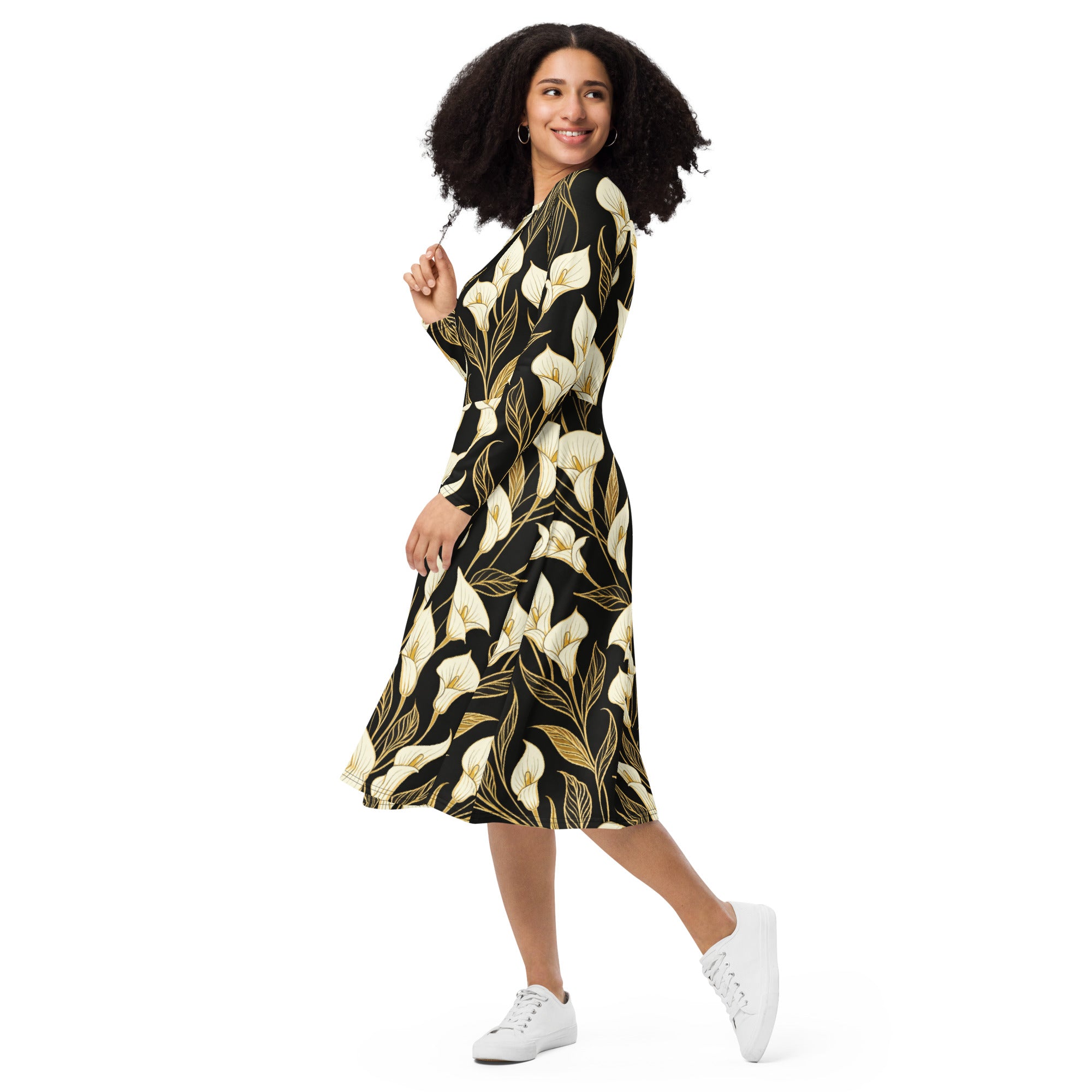 All-over print long sleeve midi dress - Golden Calla Lily Midi Dress – All-Over Black Floral Long Sleeve by printfluence.net