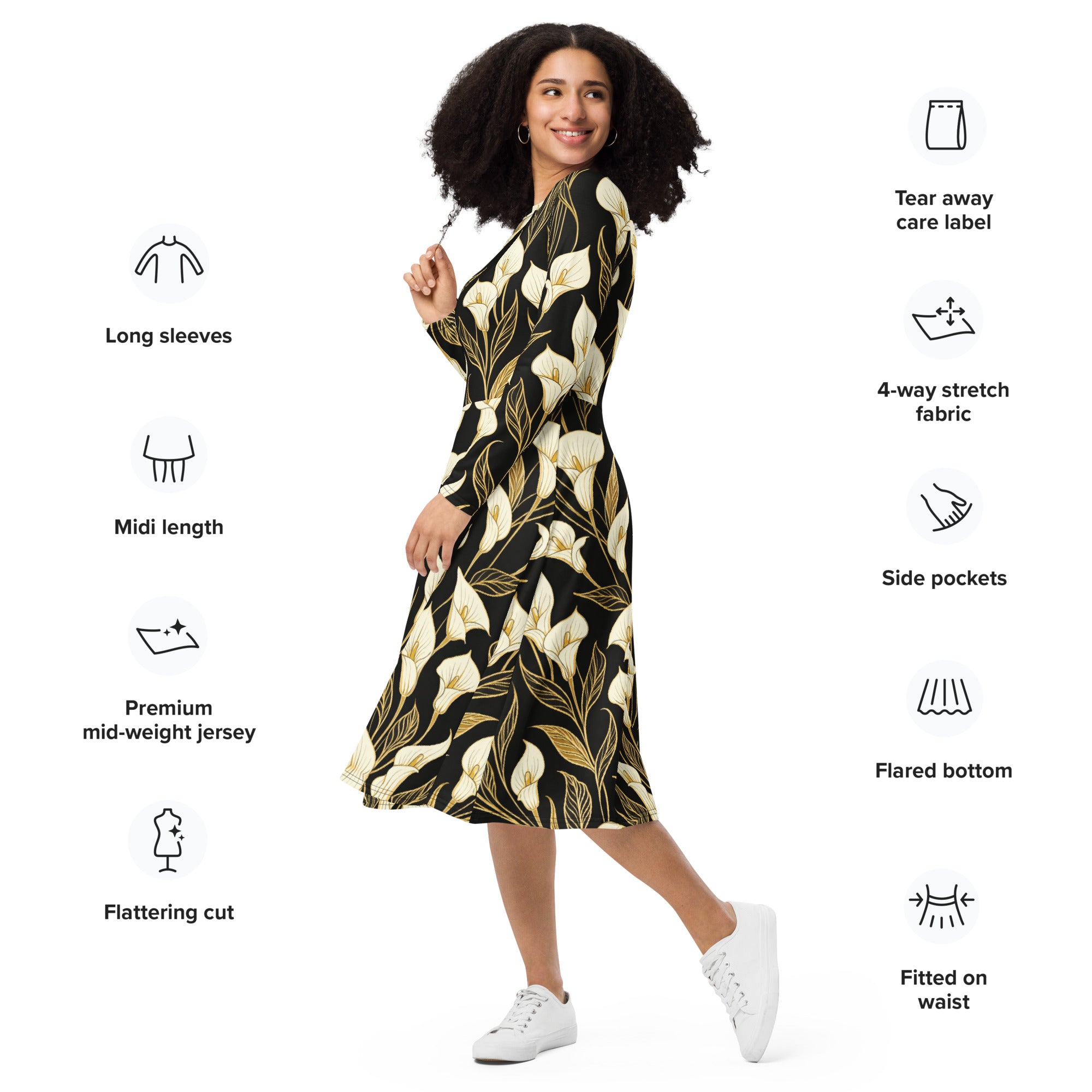 All-over print long sleeve midi dress - Golden Calla Lily Midi Dress – All-Over Black Floral Long Sleeve by printfluence.net