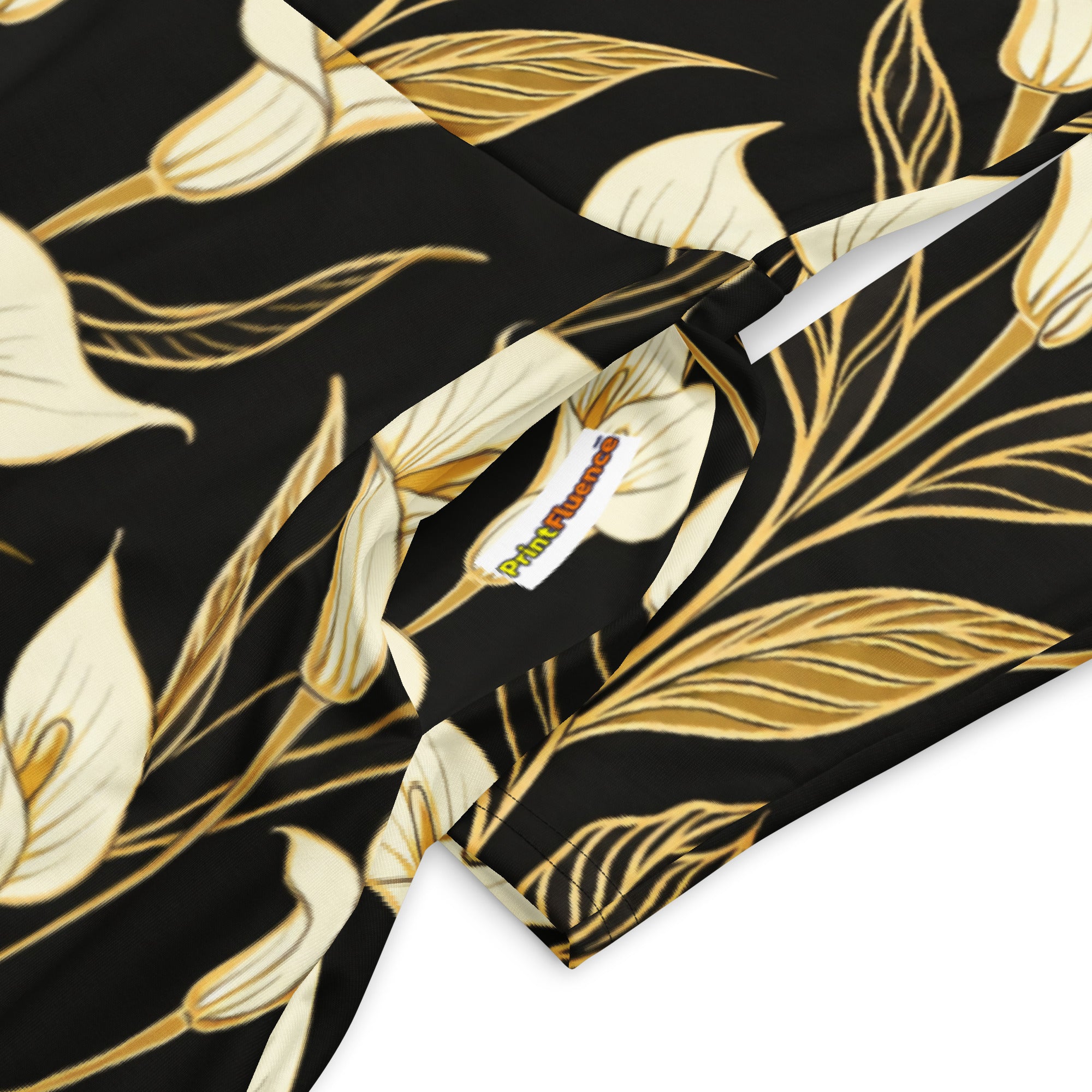 All-over print long sleeve midi dress - Golden Calla Lily Midi Dress – All-Over Black Floral Long Sleeve by printfluence.net