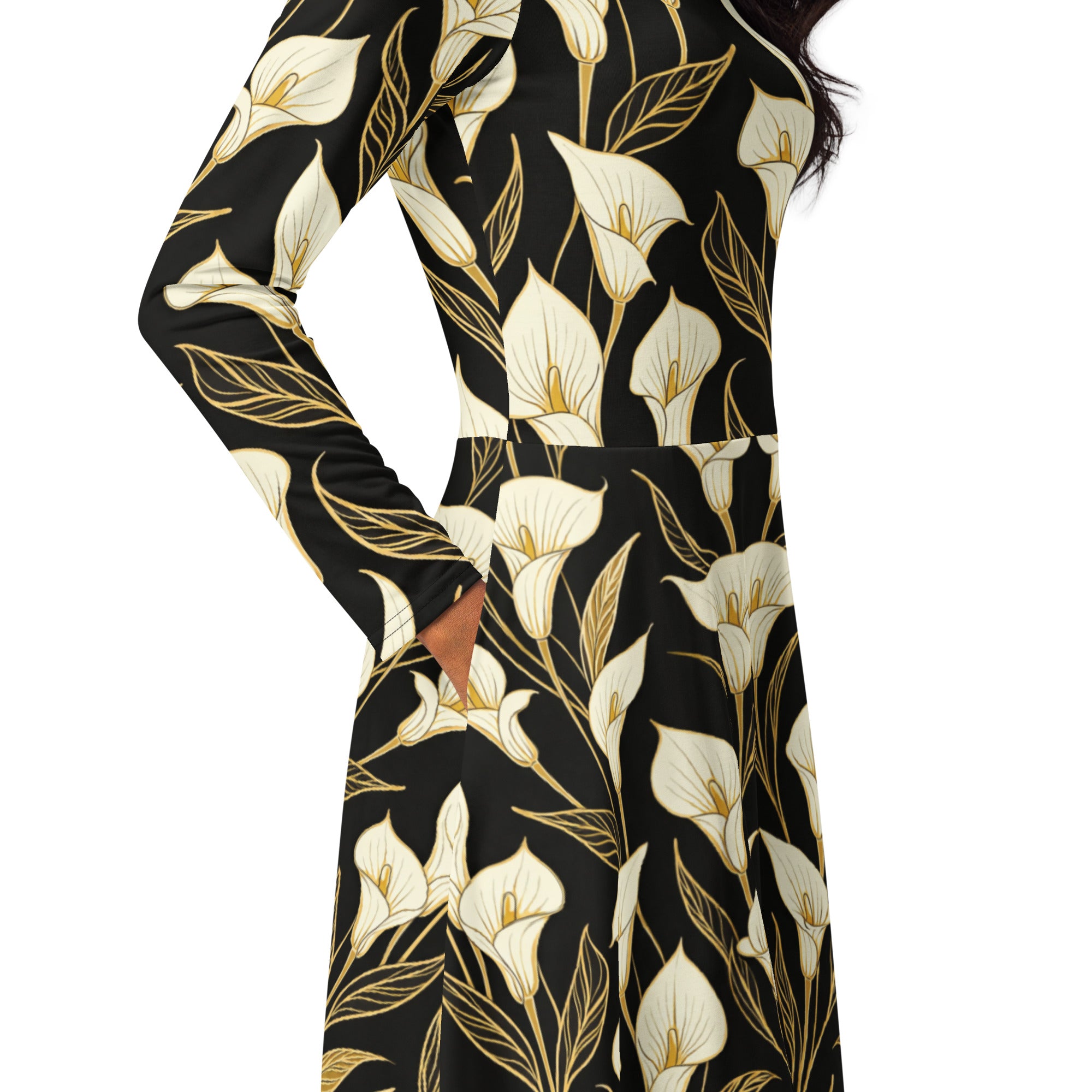 All-over print long sleeve midi dress - Golden Calla Lily Midi Dress – All-Over Black Floral Long Sleeve by printfluence.net