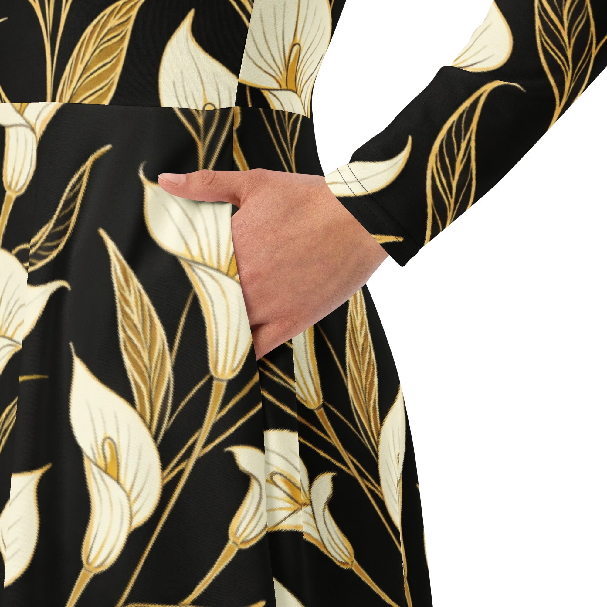 All-over print long sleeve midi dress - Golden Calla Lily Midi Dress – All-Over Black Floral Long Sleeve by printfluence.net