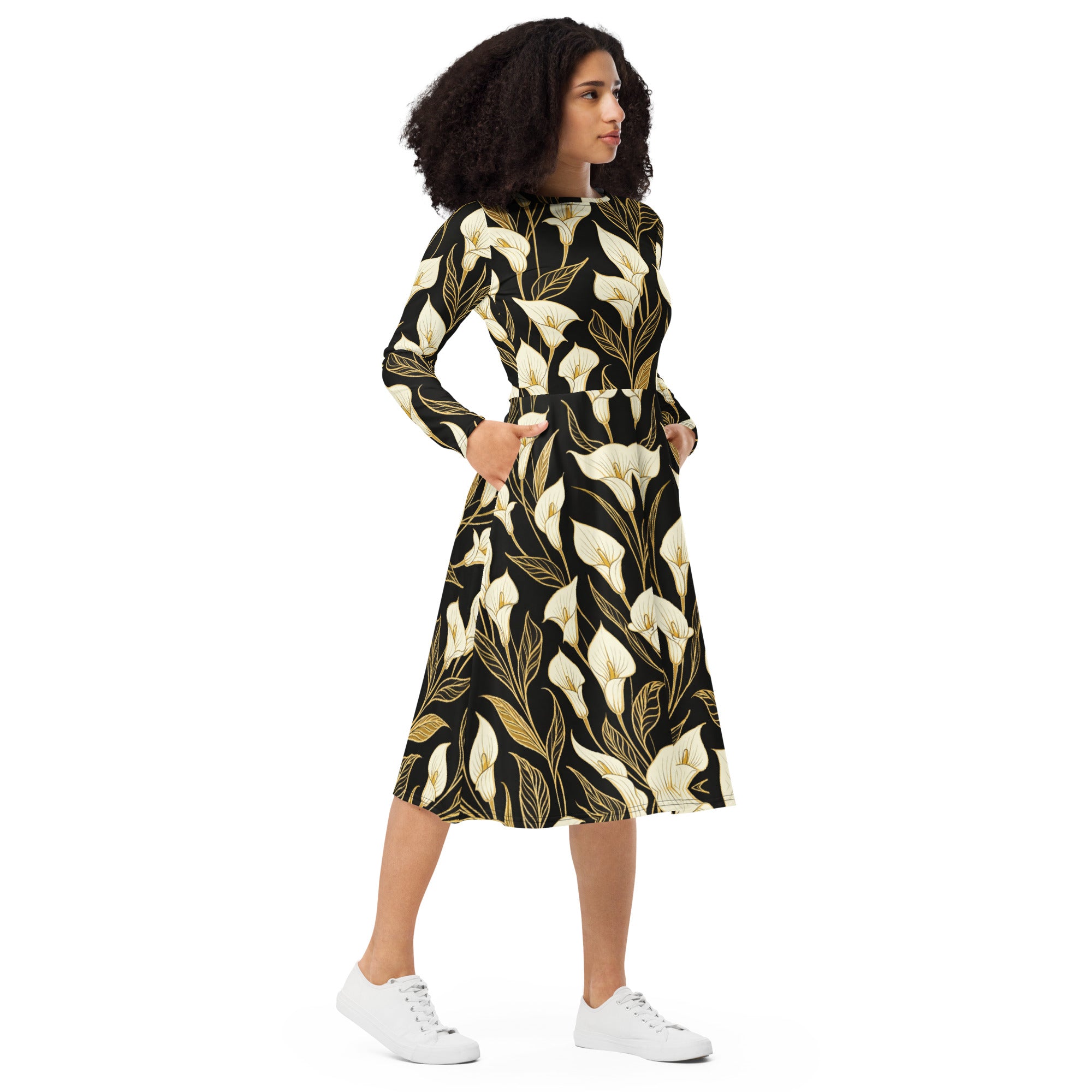 All-over print long sleeve midi dress - Golden Calla Lily Midi Dress – All-Over Black Floral Long Sleeve by printfluence.net