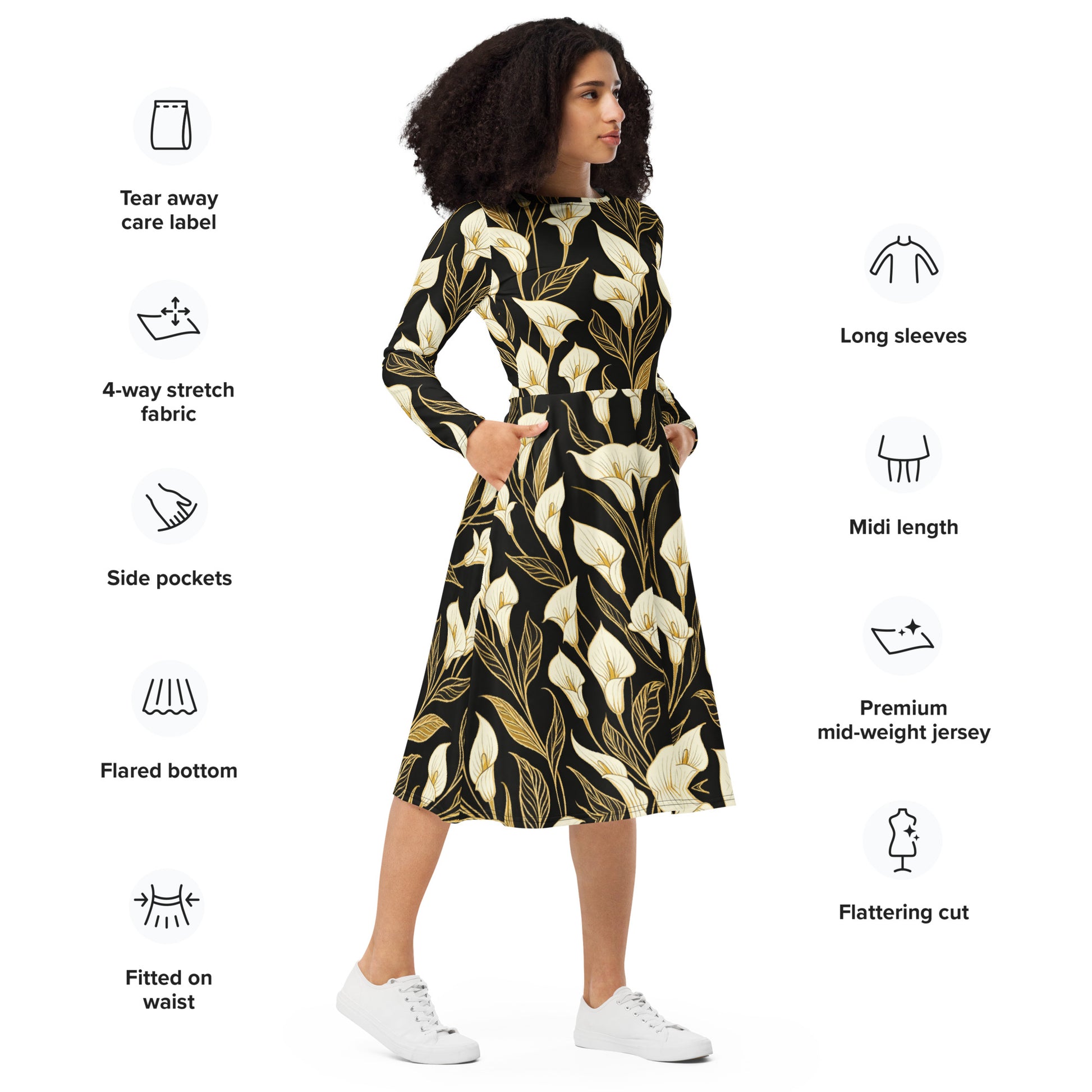 All-over print long sleeve midi dress - Golden Calla Lily Midi Dress – All-Over Black Floral Long Sleeve by printfluence.net