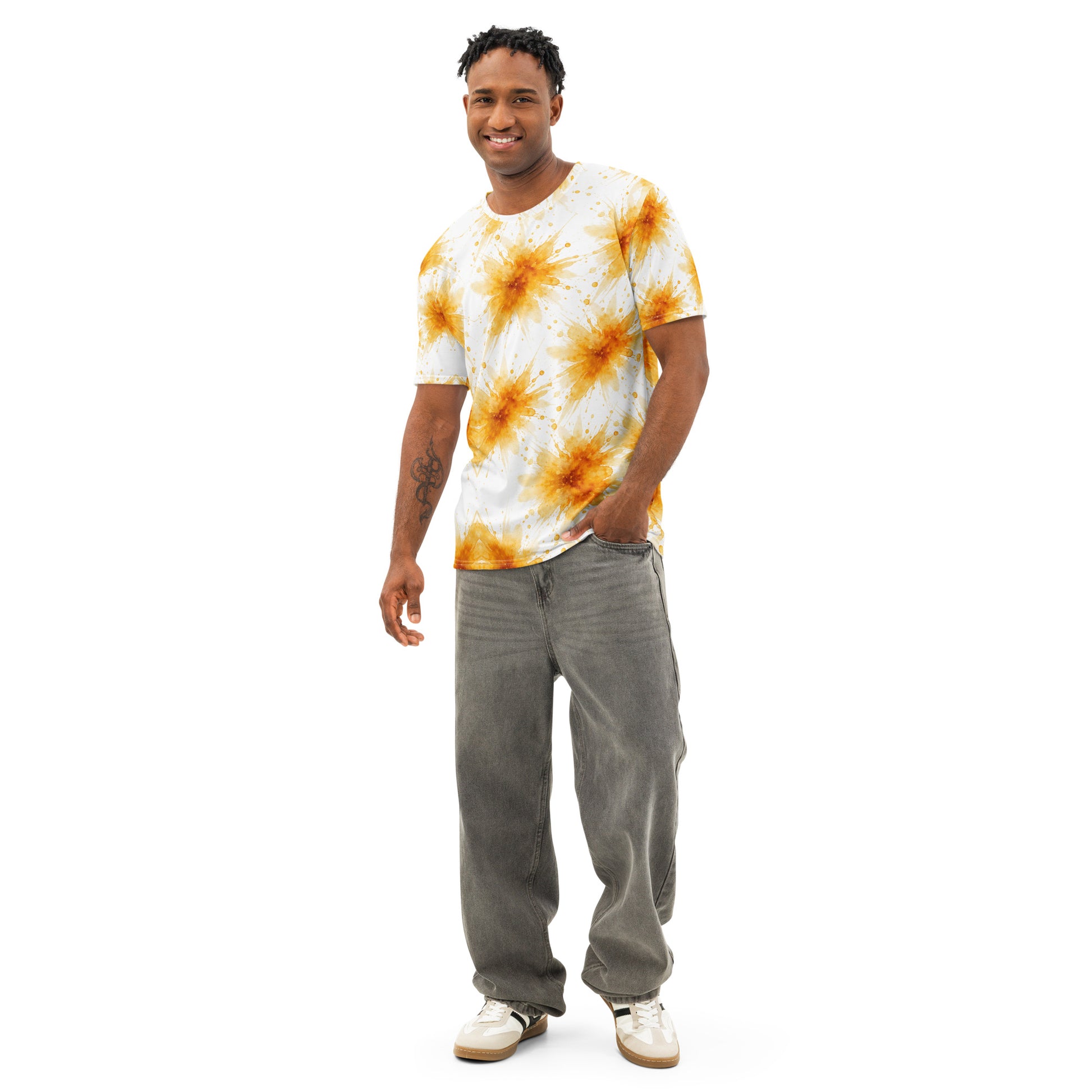 Men’s cotton crew neck t-shirt - Sun Splash Crew Neck T-Shirt – Men's Yellow Watercolor Print Tee by printfluence.net