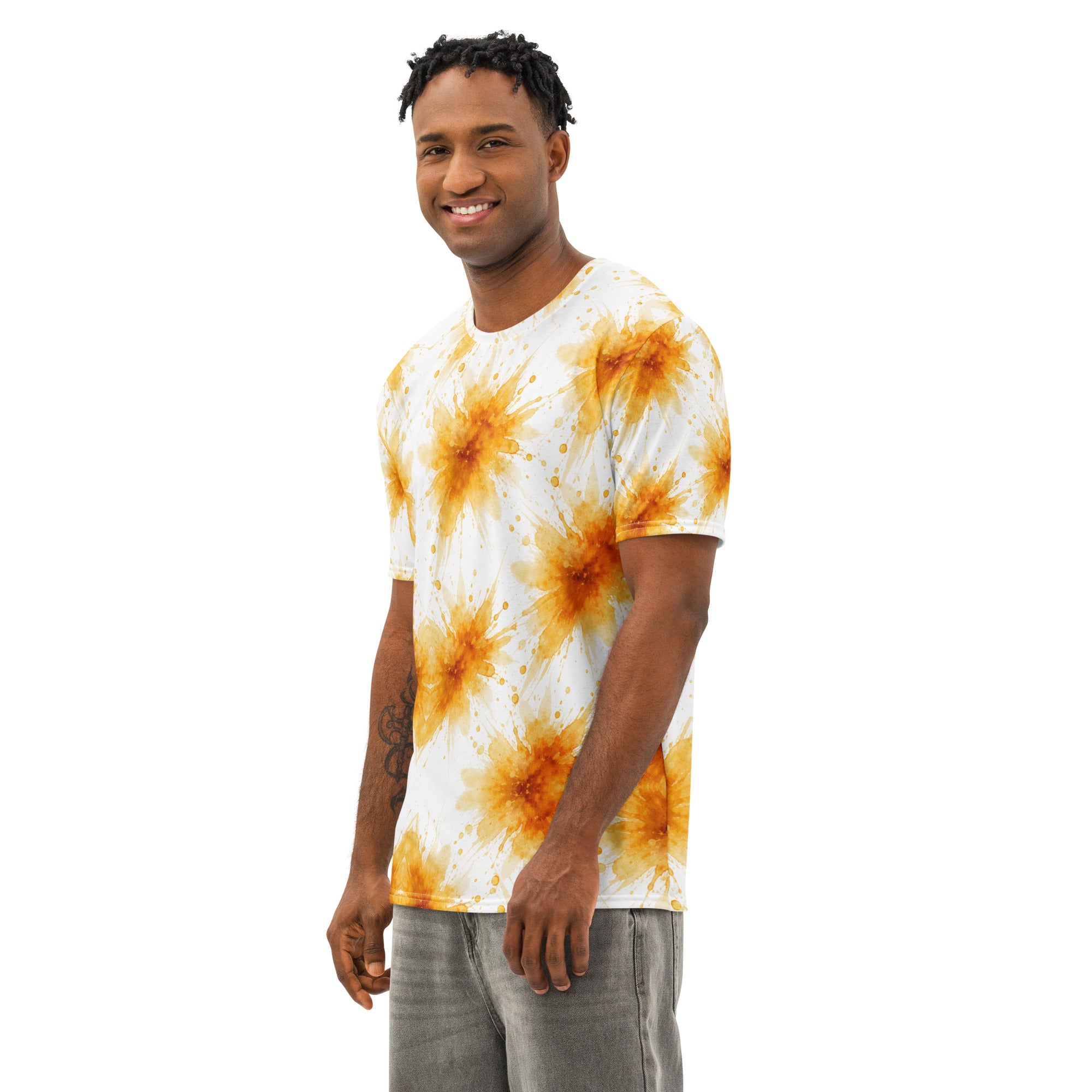 Men’s cotton crew neck t-shirt - Sun Splash Crew Neck T-Shirt – Men's Yellow Watercolor Print Tee by printfluence.net