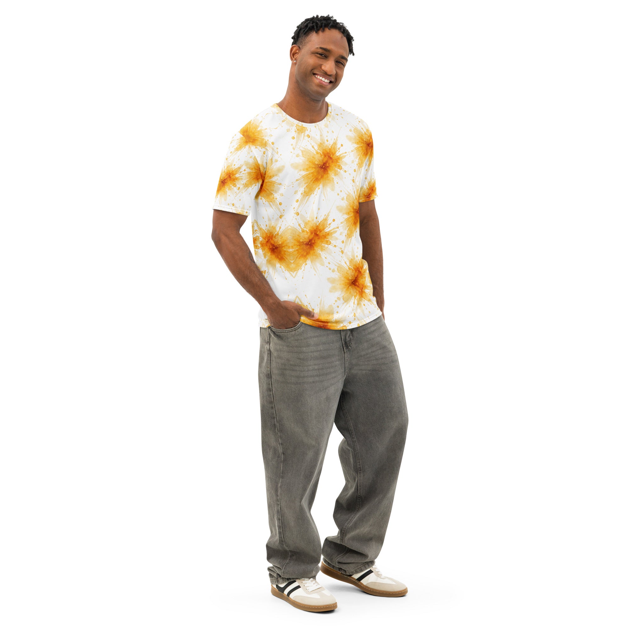 Men’s cotton crew neck t-shirt - Sun Splash Crew Neck T-Shirt – Men's Yellow Watercolor Print Tee by printfluence.net