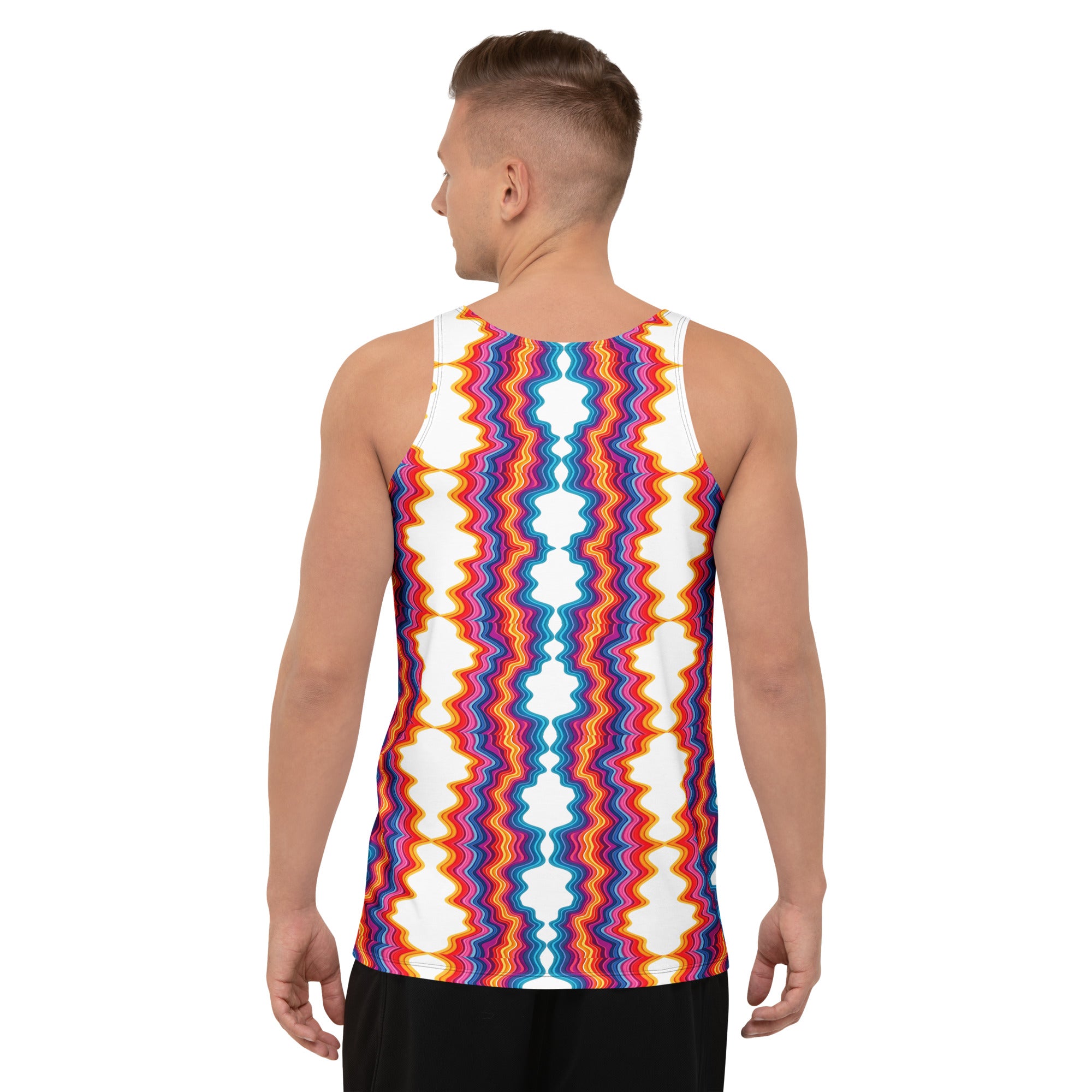 Unisex Tank Top - Vibrant Psychedelic Waves Unisex Tank Top – Retro Rainbow Abstract Streetwear by printfluence.net