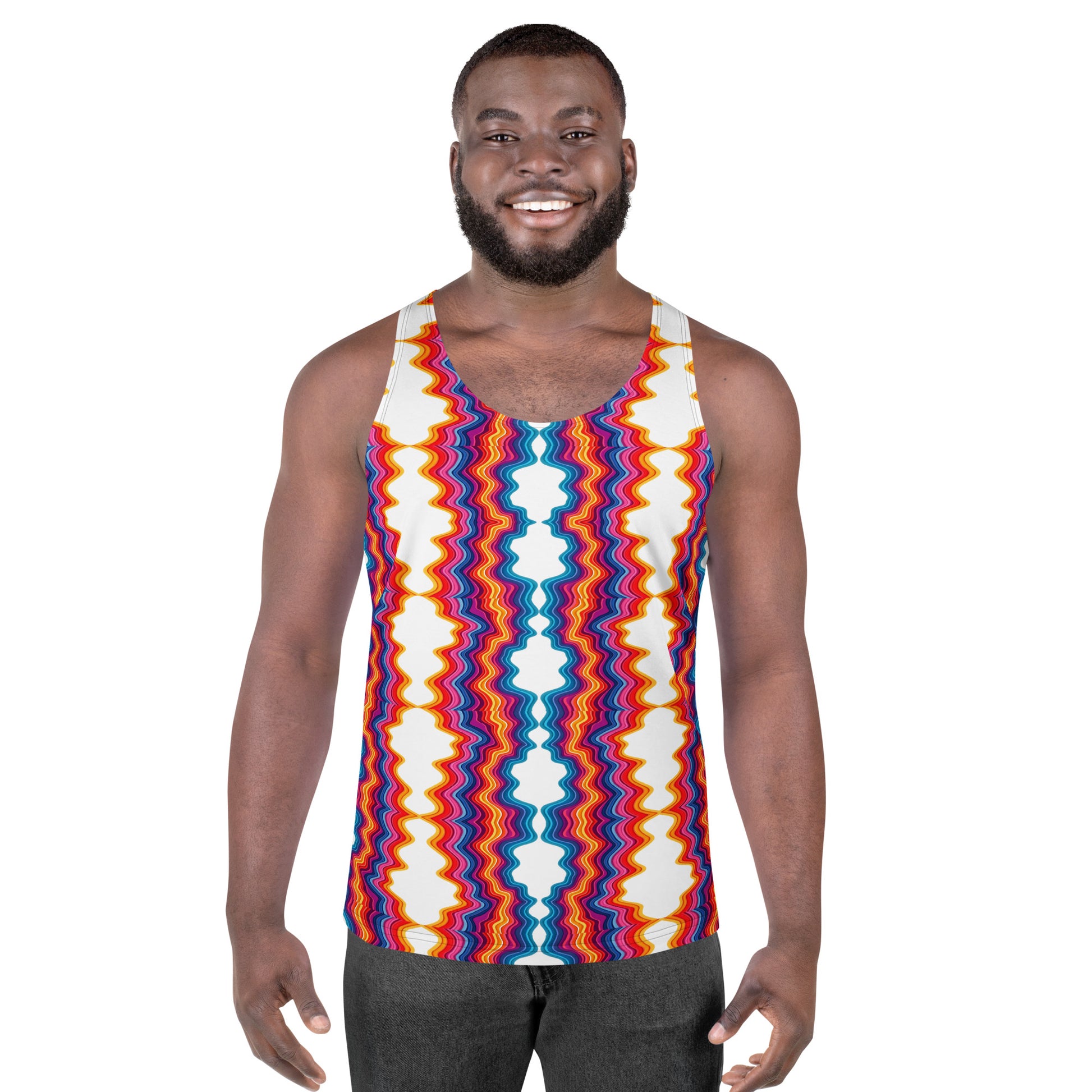 Unisex Tank Top - Vibrant Psychedelic Waves Unisex Tank Top – Retro Rainbow Abstract Streetwear by printfluence.net