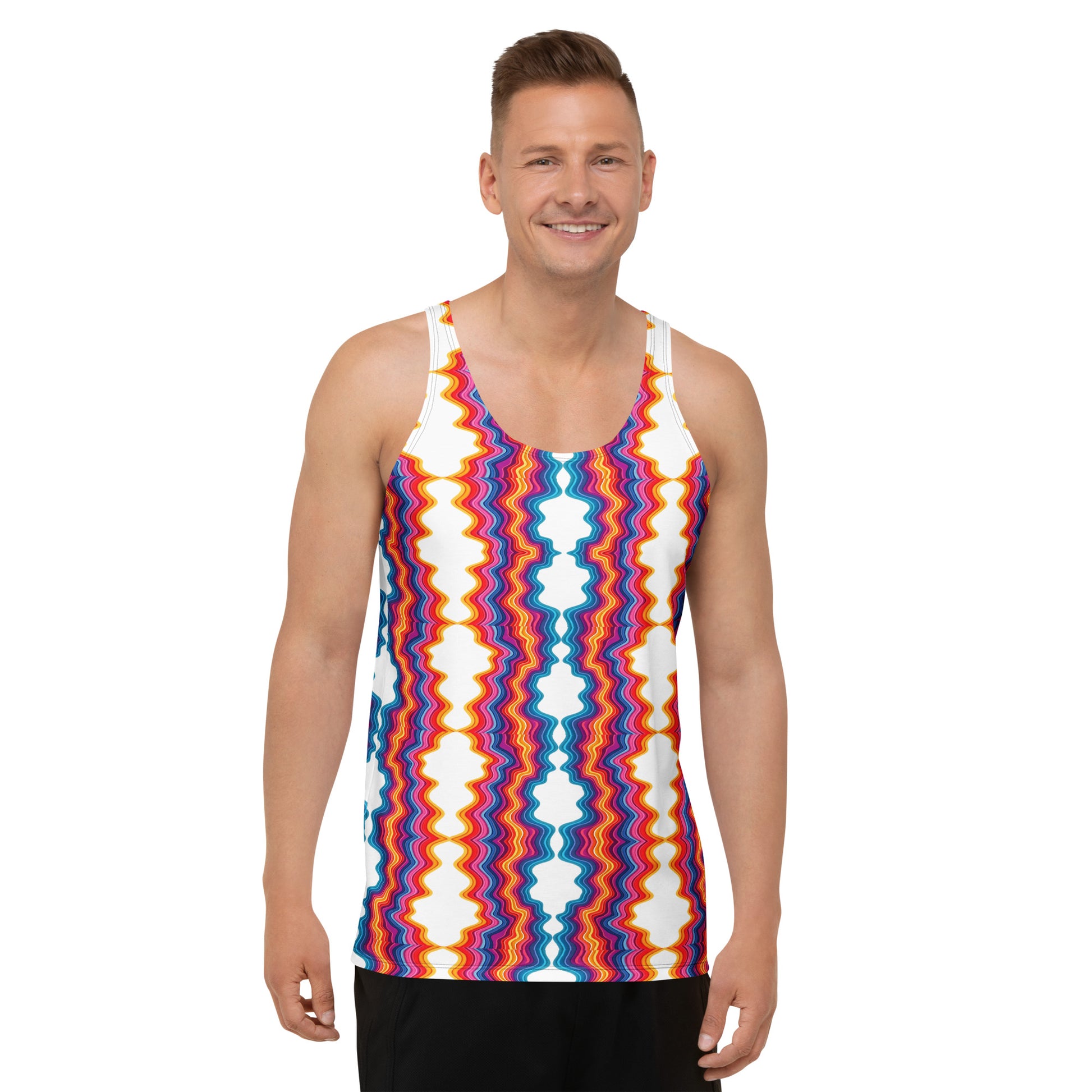 Unisex Tank Top - Vibrant Psychedelic Waves Unisex Tank Top – Retro Rainbow Abstract Streetwear by printfluence.net