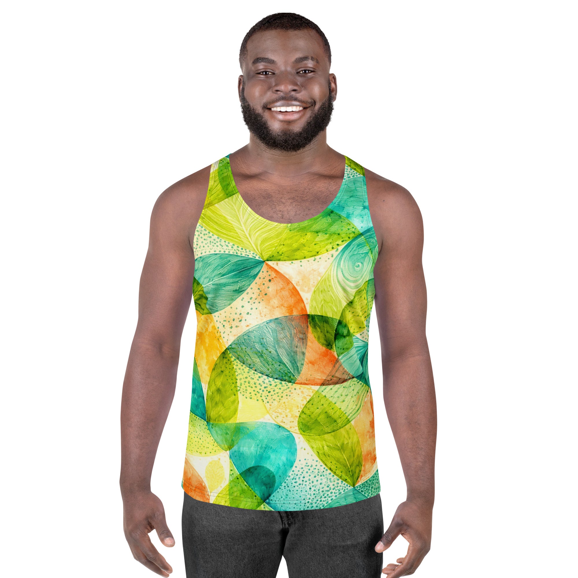 Unisex Tank Top - Vibrant Tropical Leaf Abstract Art - Premium All-Over Print Men's Tank Top by printfluence.net