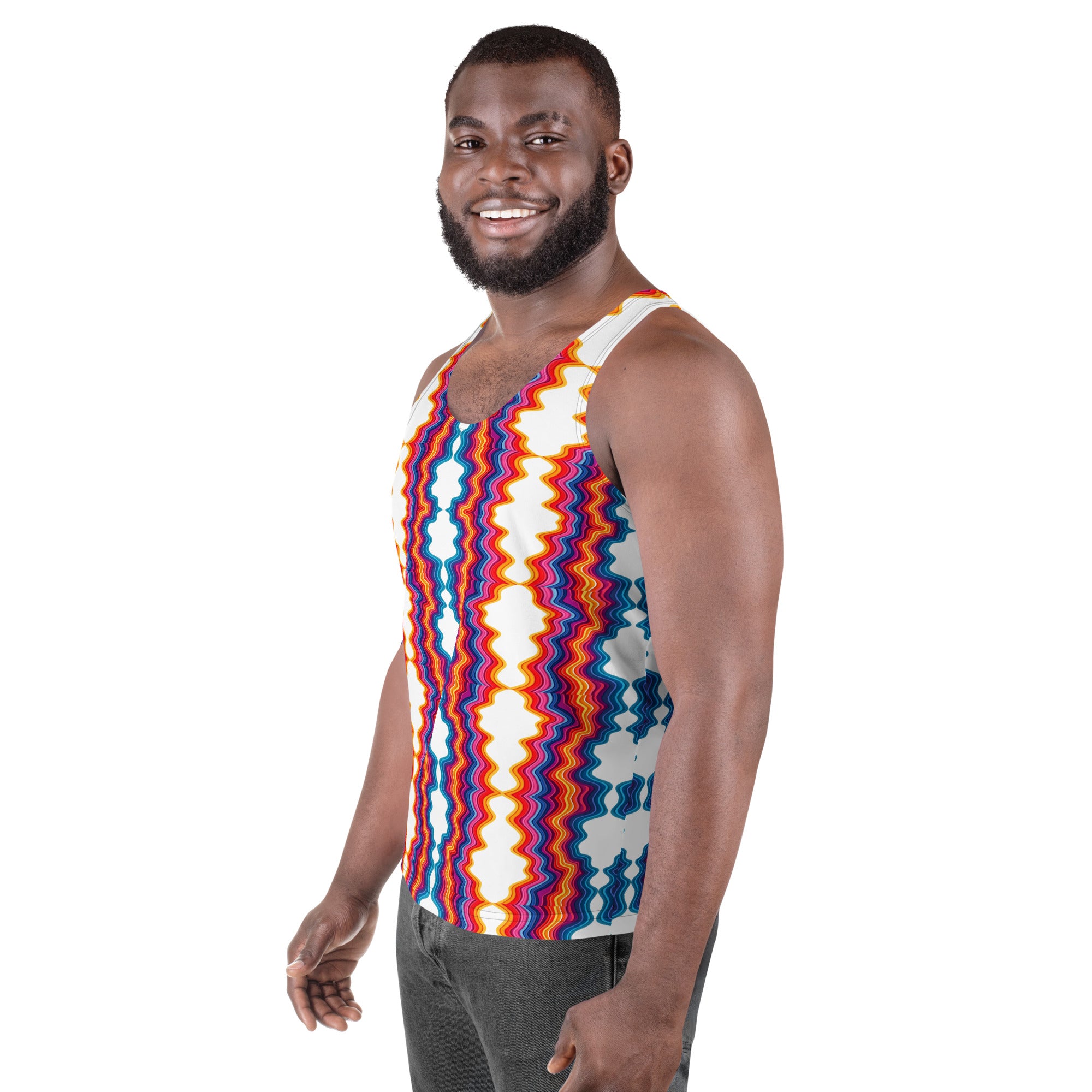 Unisex Tank Top - Vibrant Psychedelic Waves Unisex Tank Top – Retro Rainbow Abstract Streetwear by printfluence.net