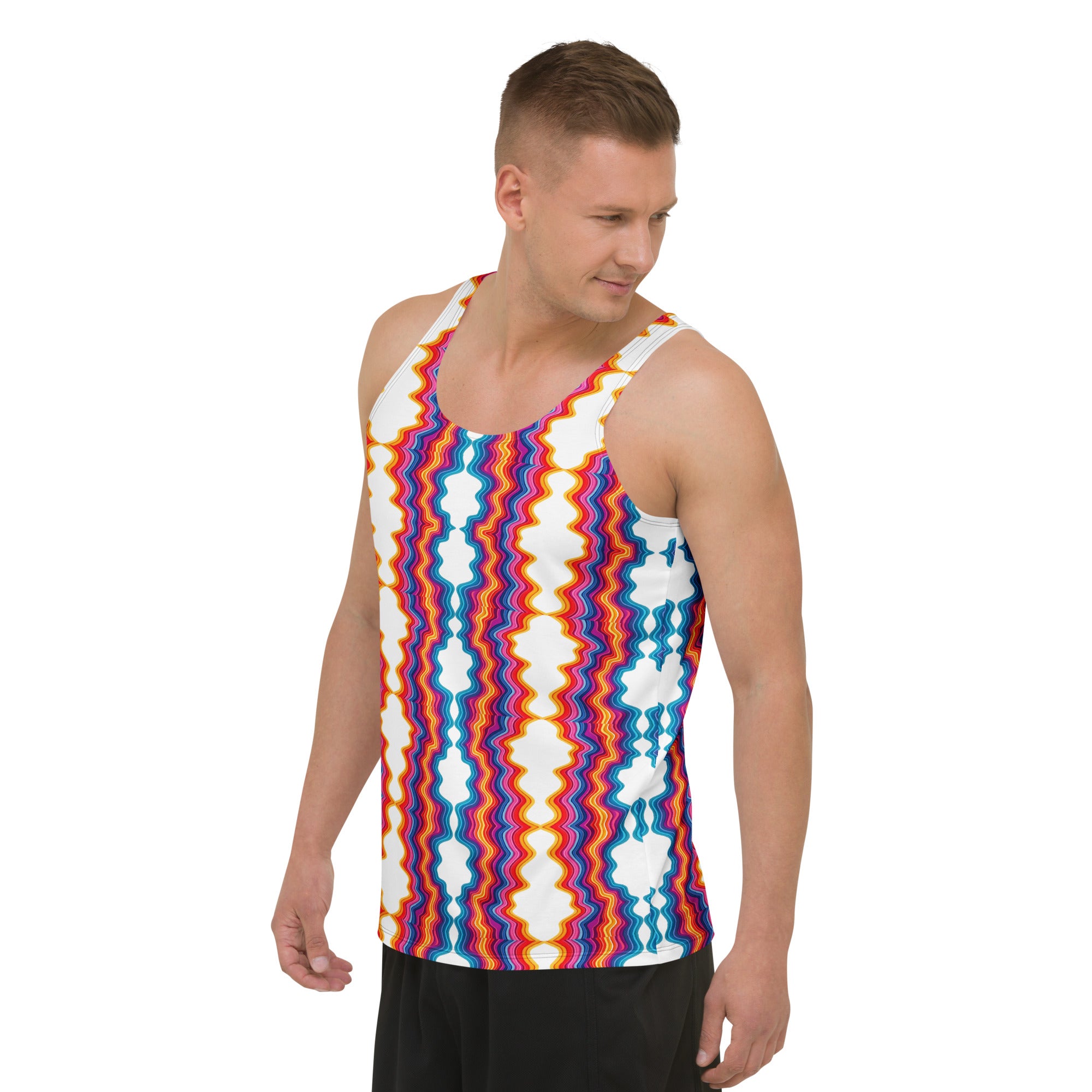 Unisex Tank Top - Vibrant Psychedelic Waves Unisex Tank Top – Retro Rainbow Abstract Streetwear by printfluence.net