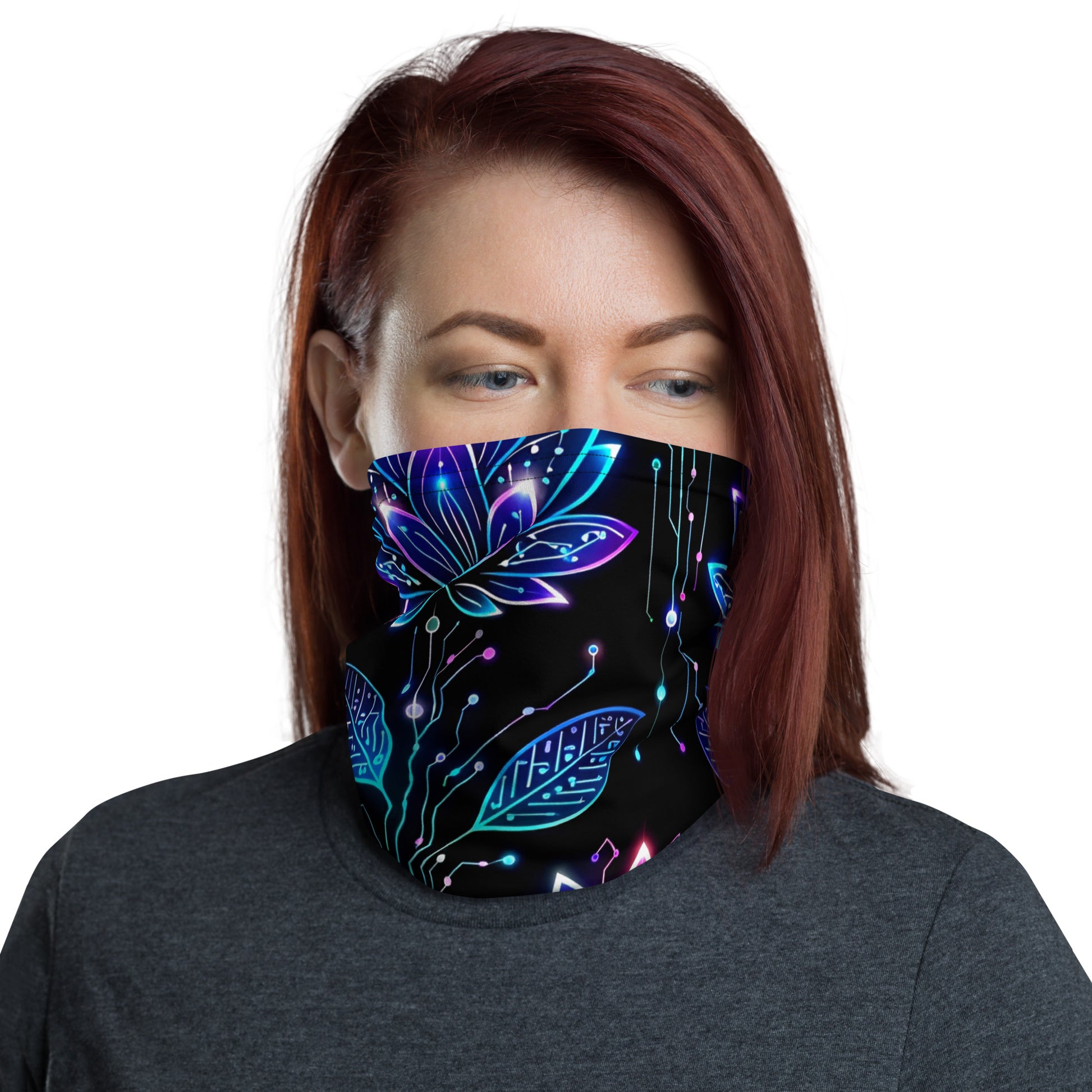 Neck Gaiter - Neon Cyber Lotus Neck Gaiter – Glowing Futuristic Floral Face Cover by printfluence.net