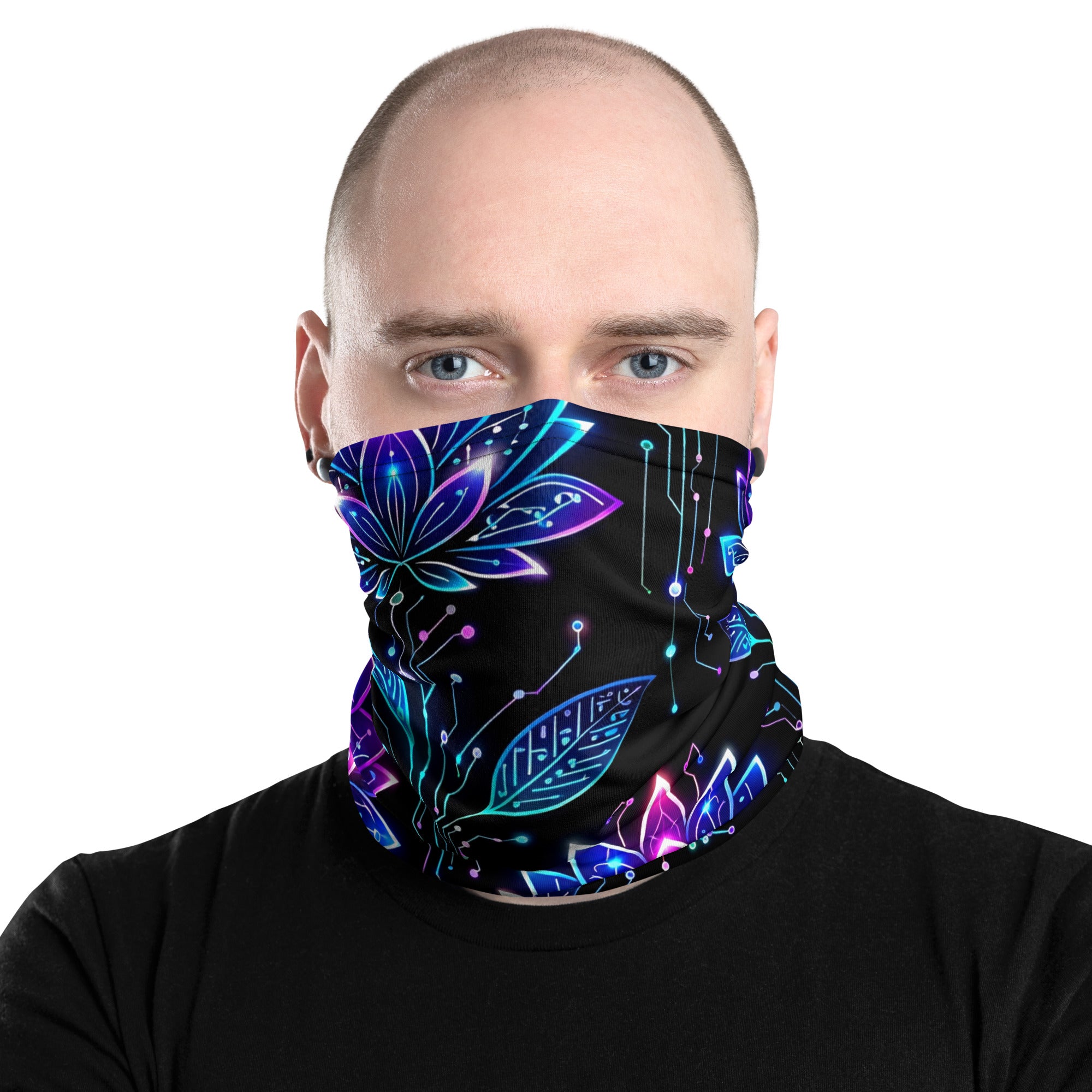 Neck Gaiter - Neon Cyber Lotus Neck Gaiter – Glowing Futuristic Floral Face Cover by printfluence.net