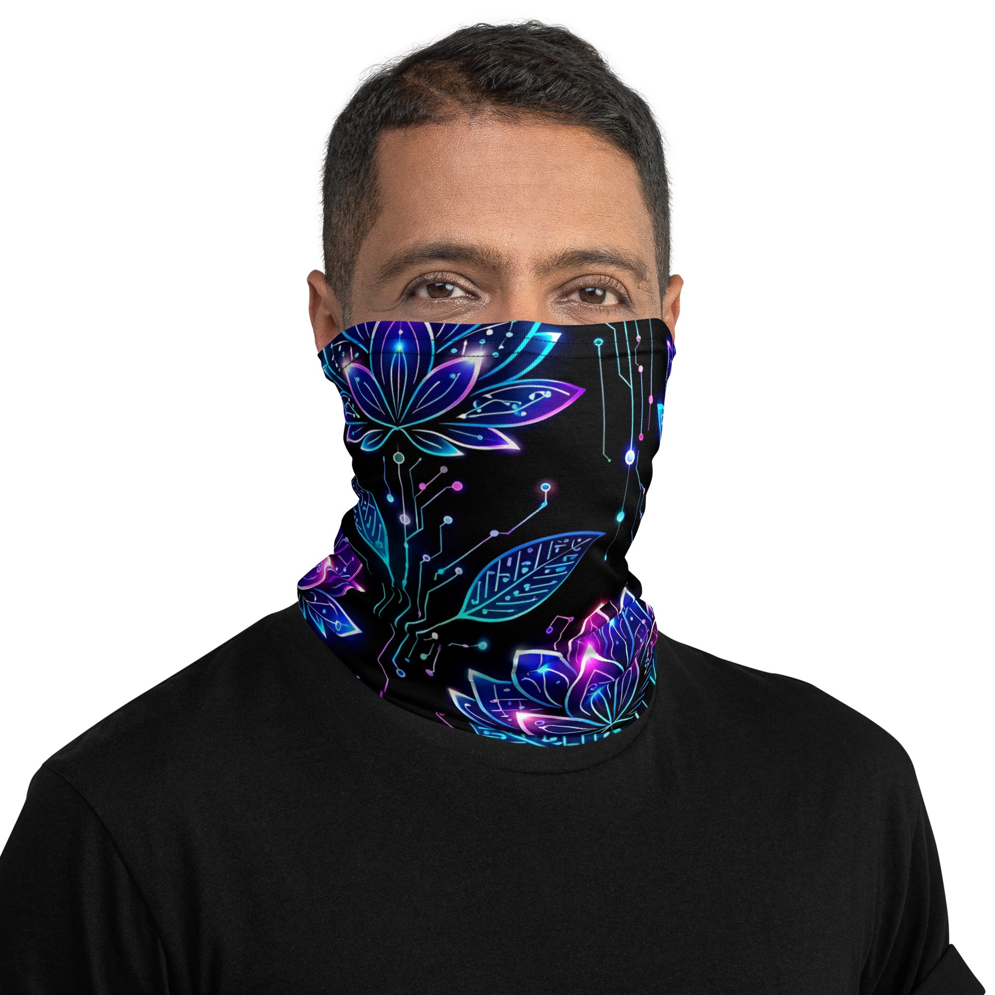Neck Gaiter - Neon Cyber Lotus Neck Gaiter – Glowing Futuristic Floral Face Cover by printfluence.net