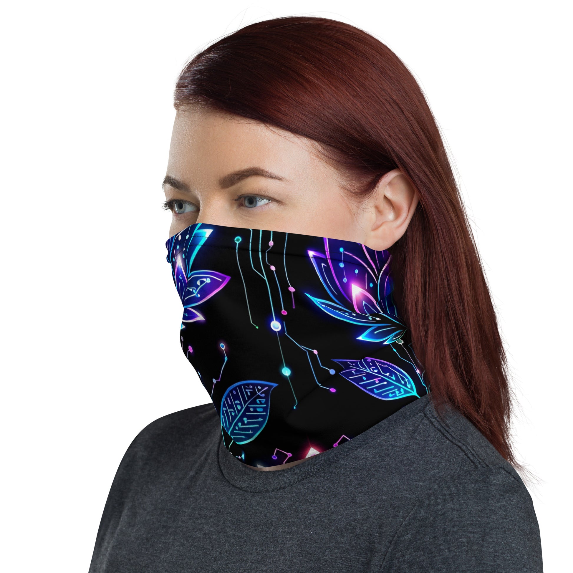 Neck Gaiter - Neon Cyber Lotus Neck Gaiter – Glowing Futuristic Floral Face Cover by printfluence.net