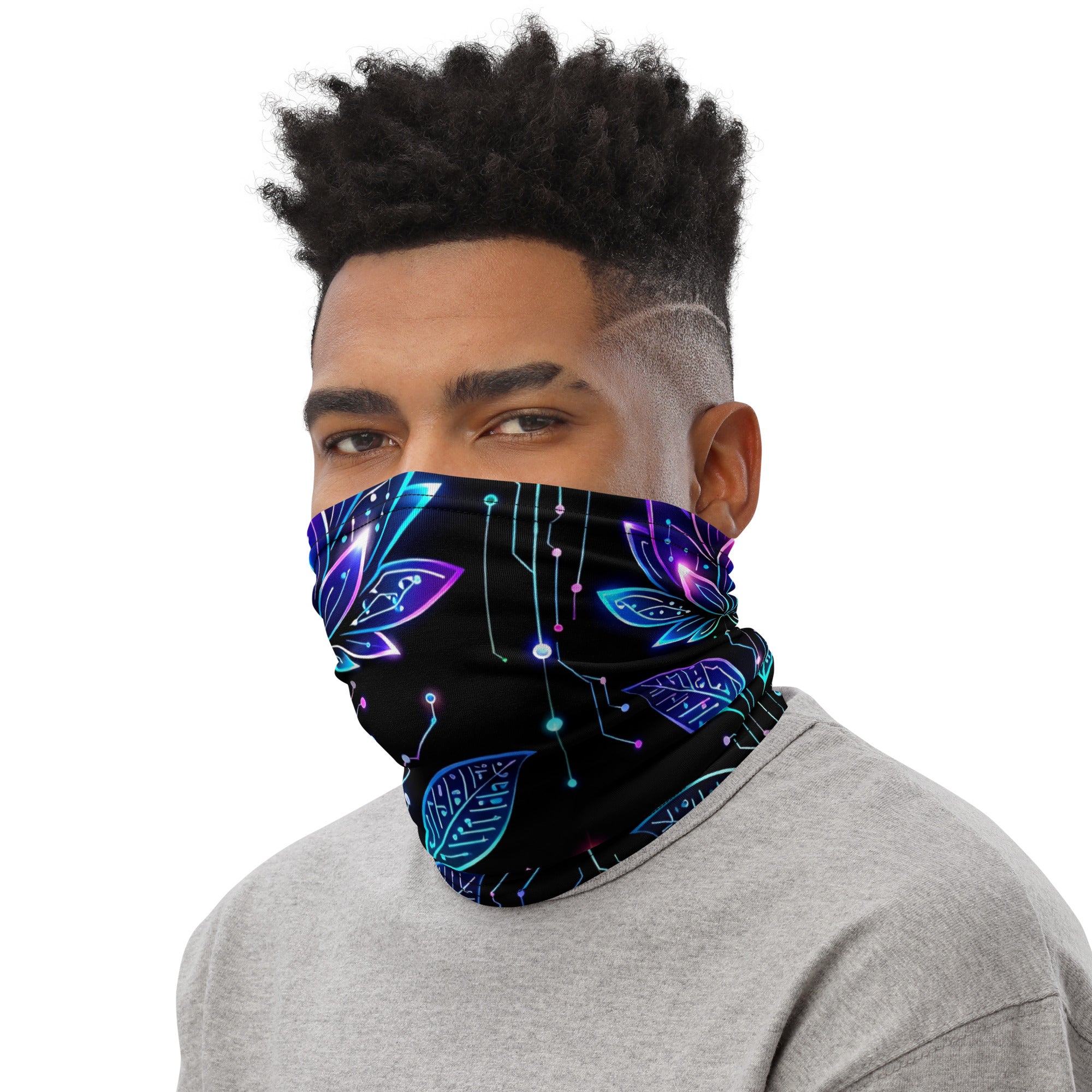 Neck Gaiter - Neon Cyber Lotus Neck Gaiter – Glowing Futuristic Floral Face Cover by printfluence.net