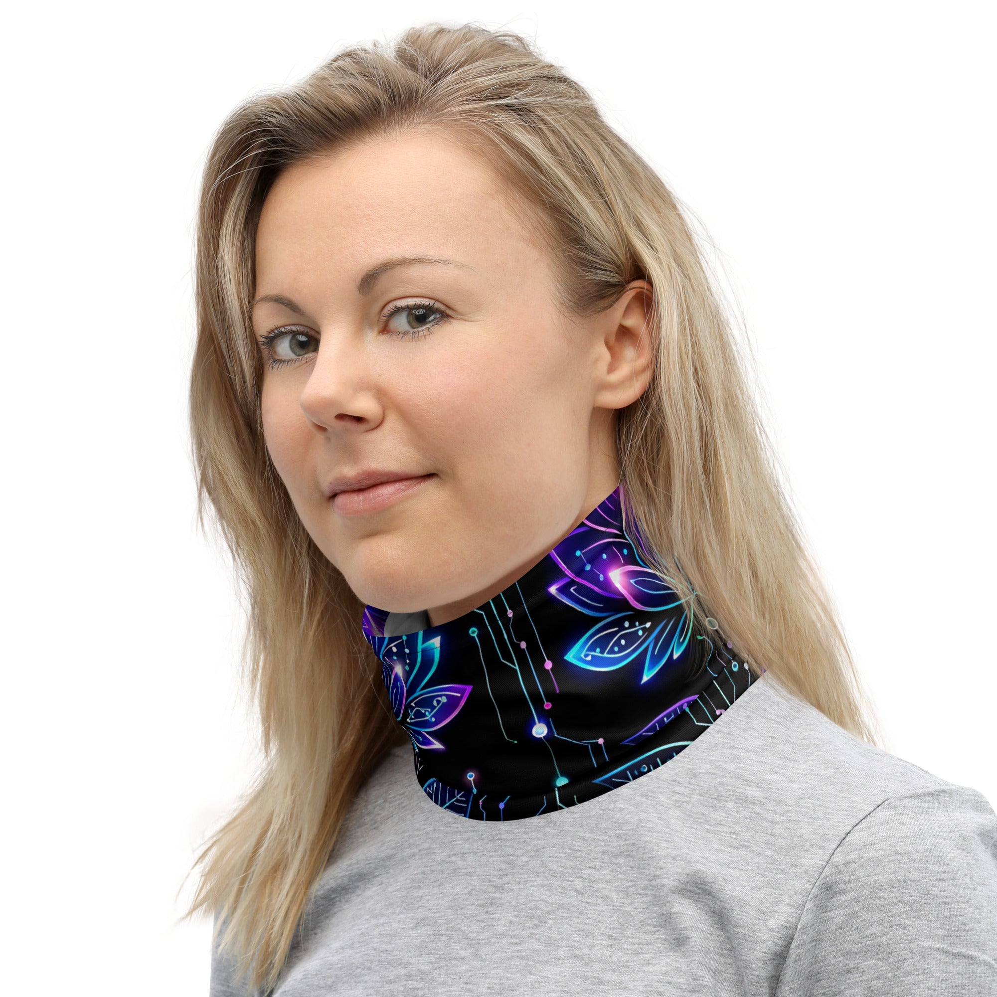 Neck Gaiter - Neon Cyber Lotus Neck Gaiter – Glowing Futuristic Floral Face Cover by printfluence.net