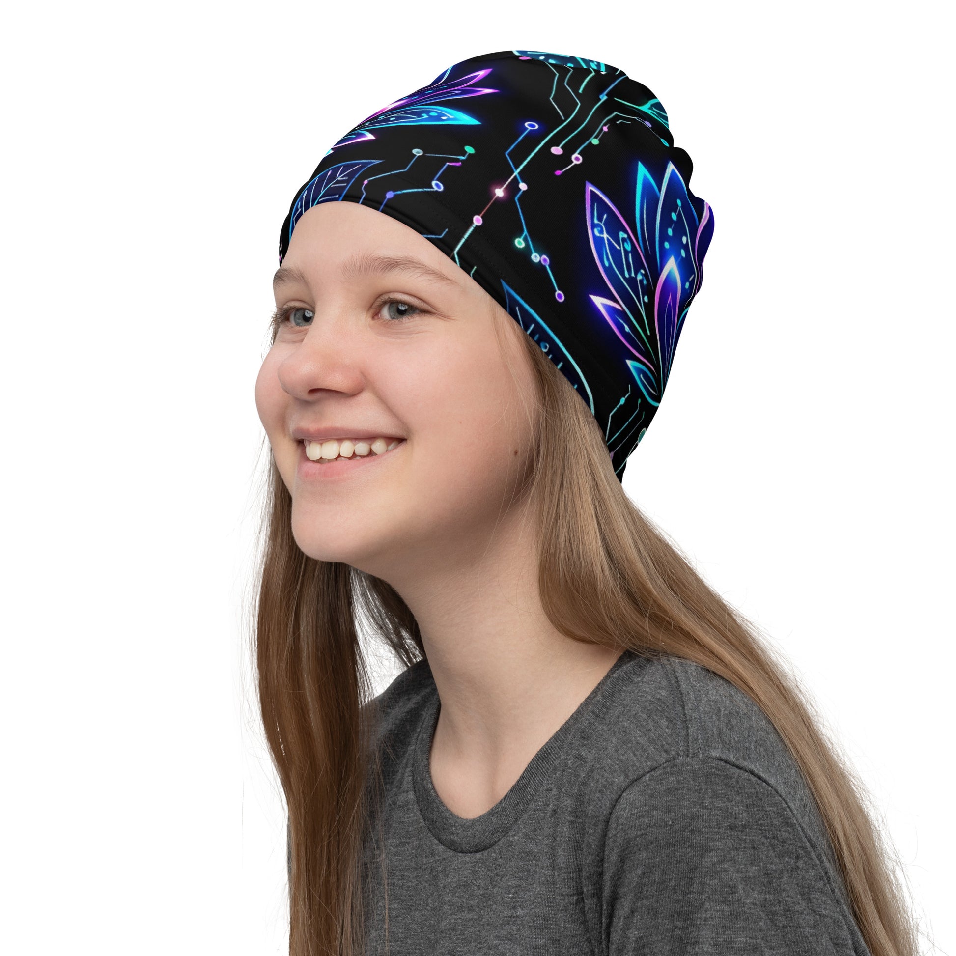 Neck Gaiter - Neon Cyber Lotus Neck Gaiter – Glowing Futuristic Floral Face Cover by printfluence.net