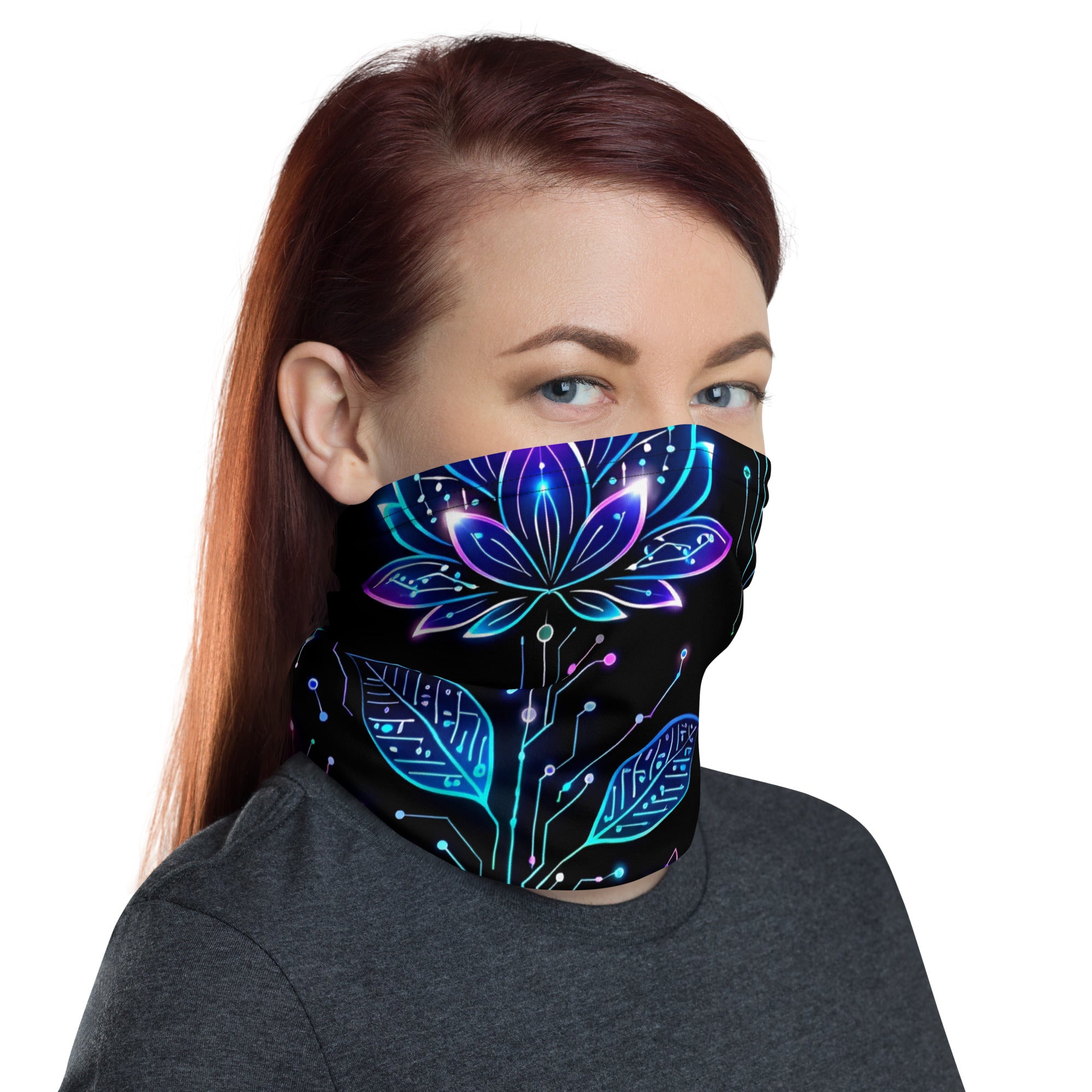 Neck Gaiter - Neon Cyber Lotus Neck Gaiter – Glowing Futuristic Floral Face Cover by printfluence.net
