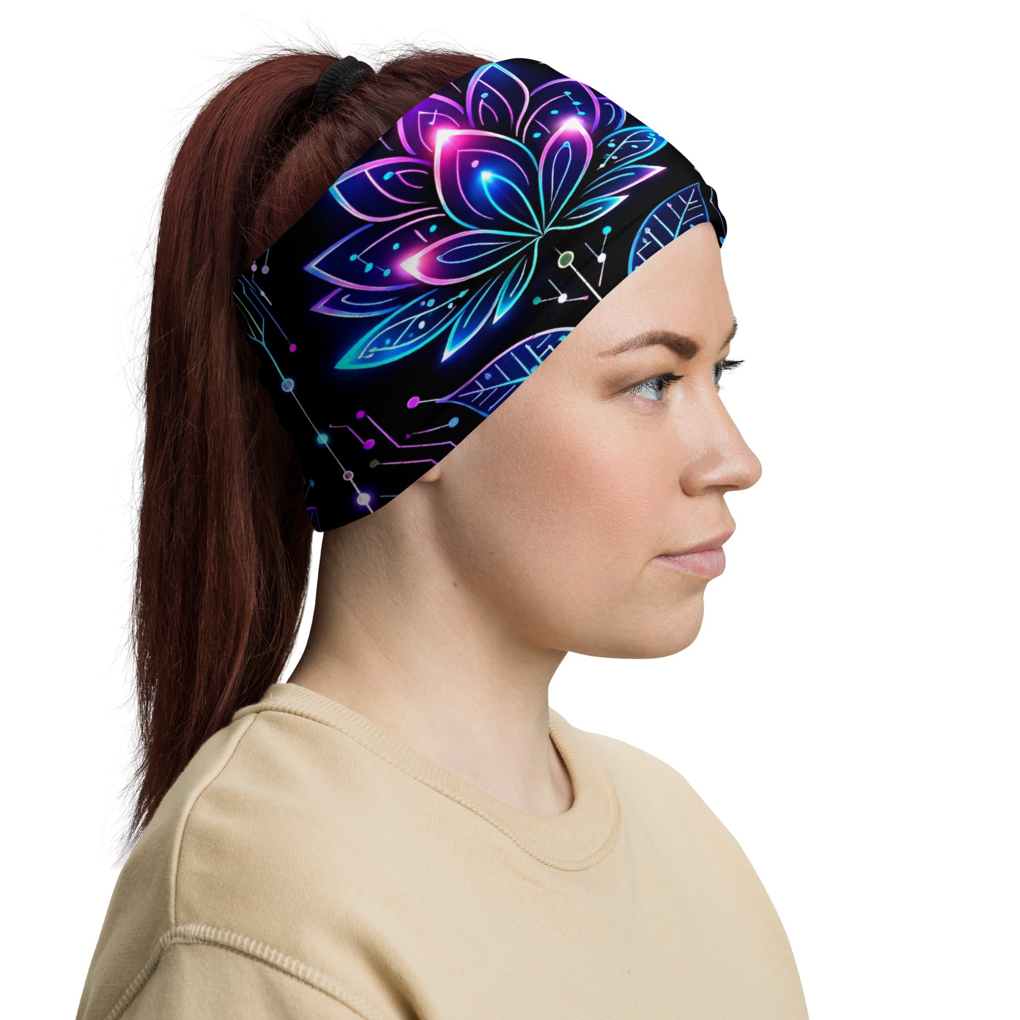 Neck Gaiter - Neon Cyber Lotus Neck Gaiter – Glowing Futuristic Floral Face Cover by printfluence.net